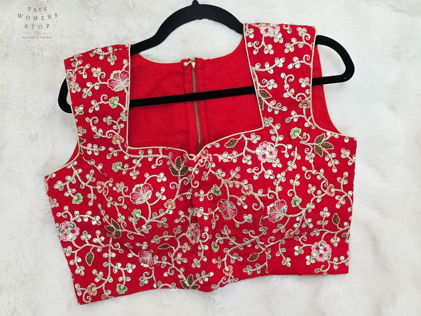 Royal Crimson Ruby Designer Spacesilk Floral Embroidered Sleeveless Partywear Blouse | Size 40-46