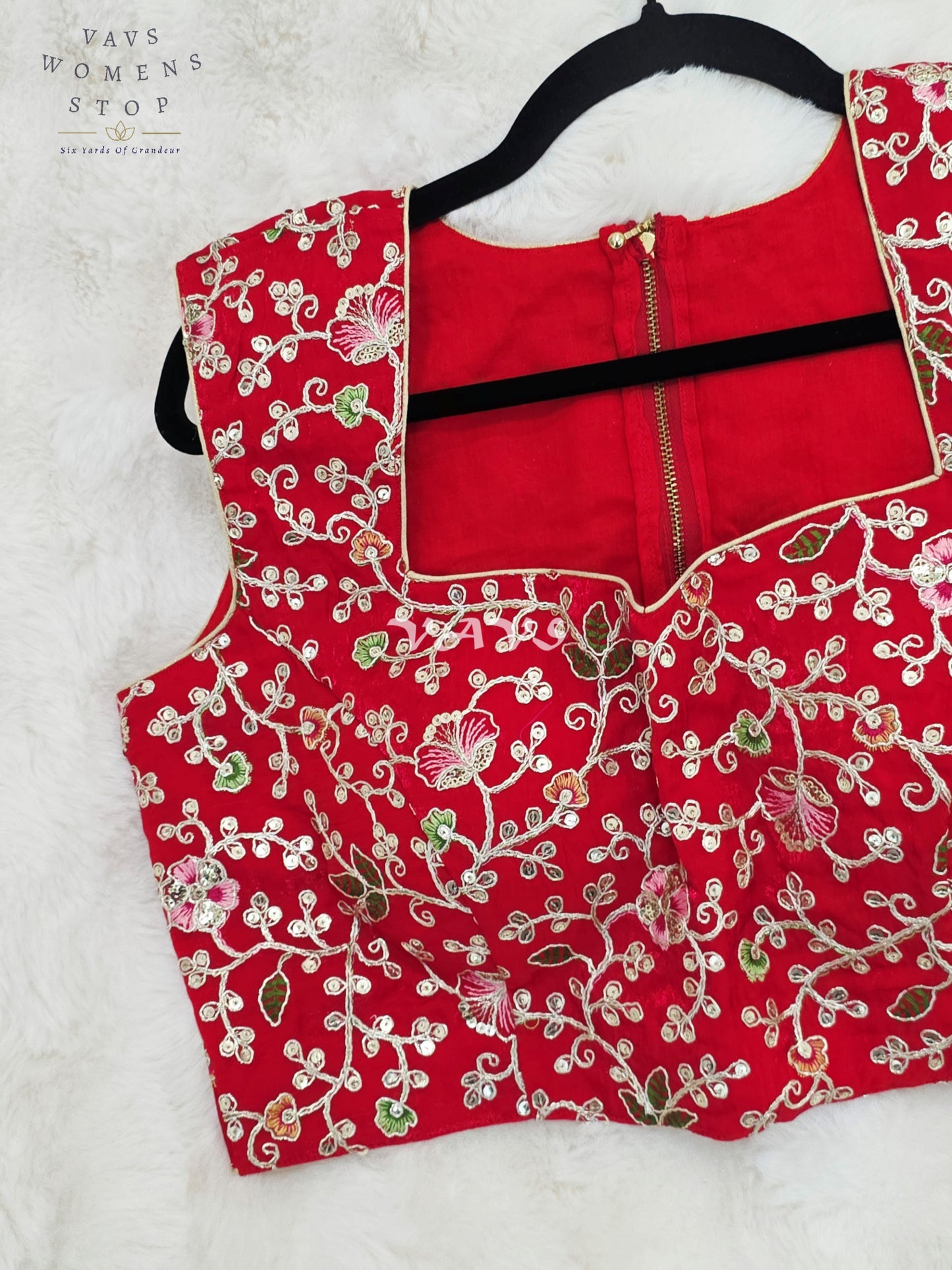Royal Crimson Ruby Designer Spacesilk Floral Embroidered Sleeveless Partywear Blouse | Size 40-46