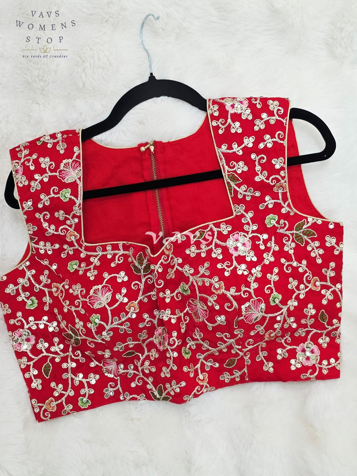 Royal Crimson Ruby Designer Spacesilk Floral Embroidered Sleeveless Partywear Blouse | Size 40-46