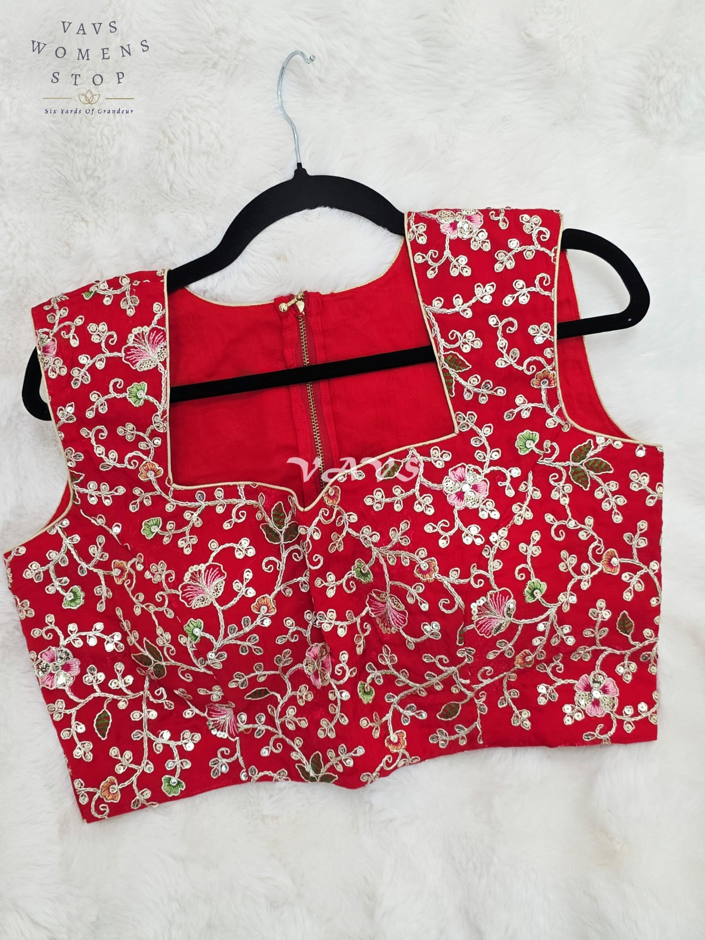 Royal Crimson Ruby Designer Spacesilk Floral Embroidered Sleeveless Partywear Blouse | Size 40-46