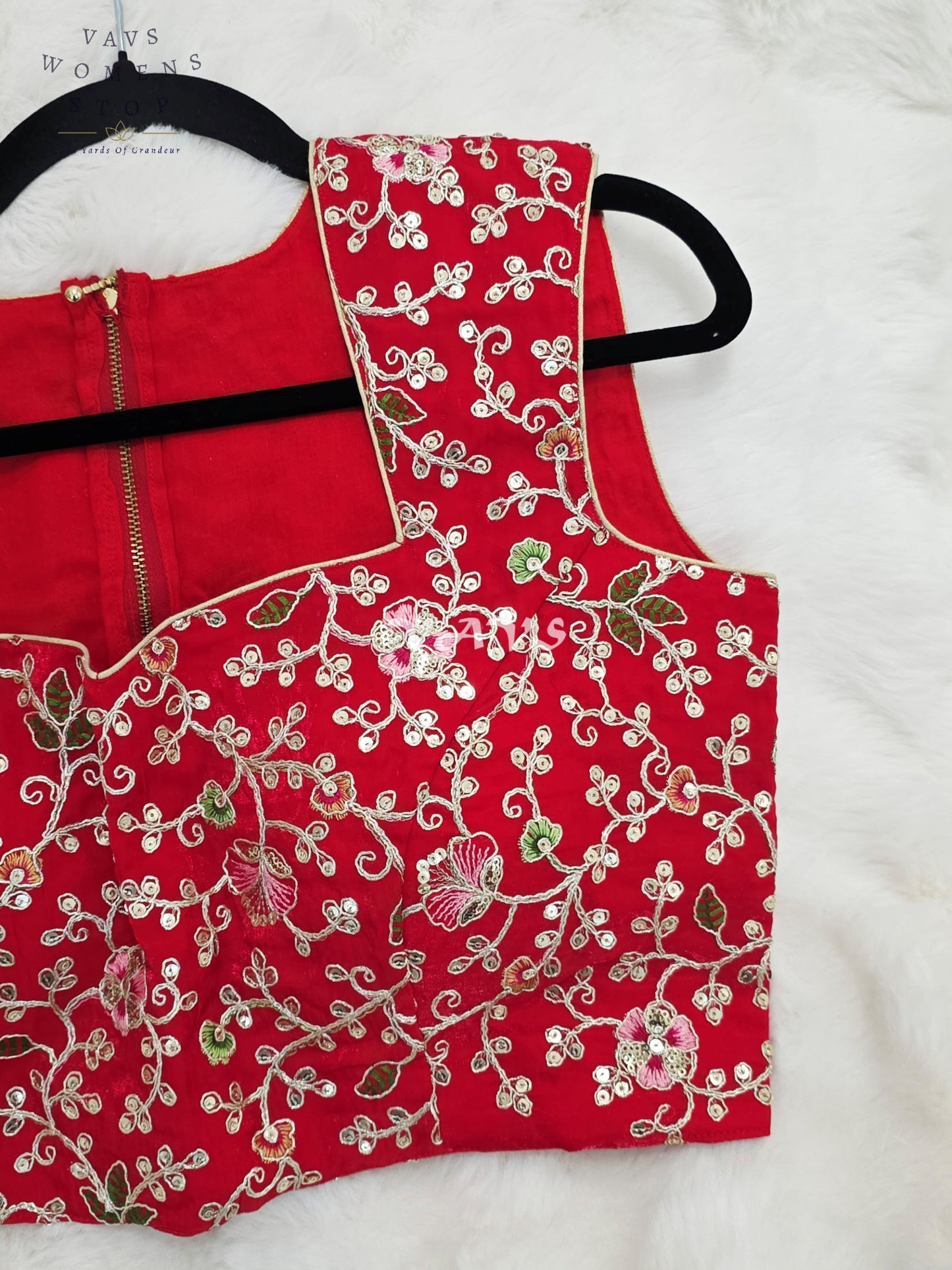 Royal Crimson Ruby Designer Spacesilk Floral Embroidered Sleeveless Partywear Blouse | Size 40-46
