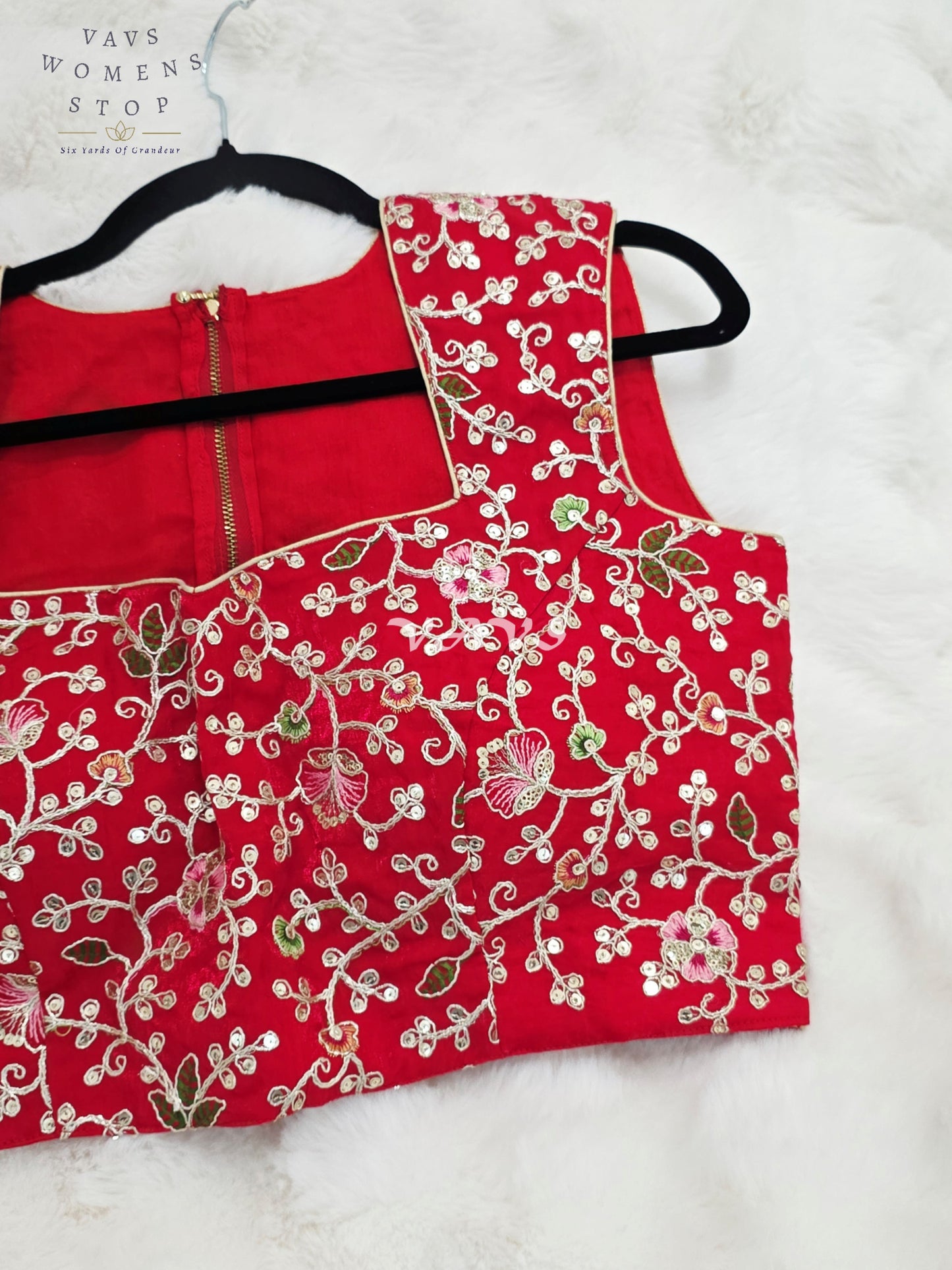 Royal Crimson Ruby Designer Spacesilk Floral Embroidered Sleeveless Partywear Blouse | Size 40-46