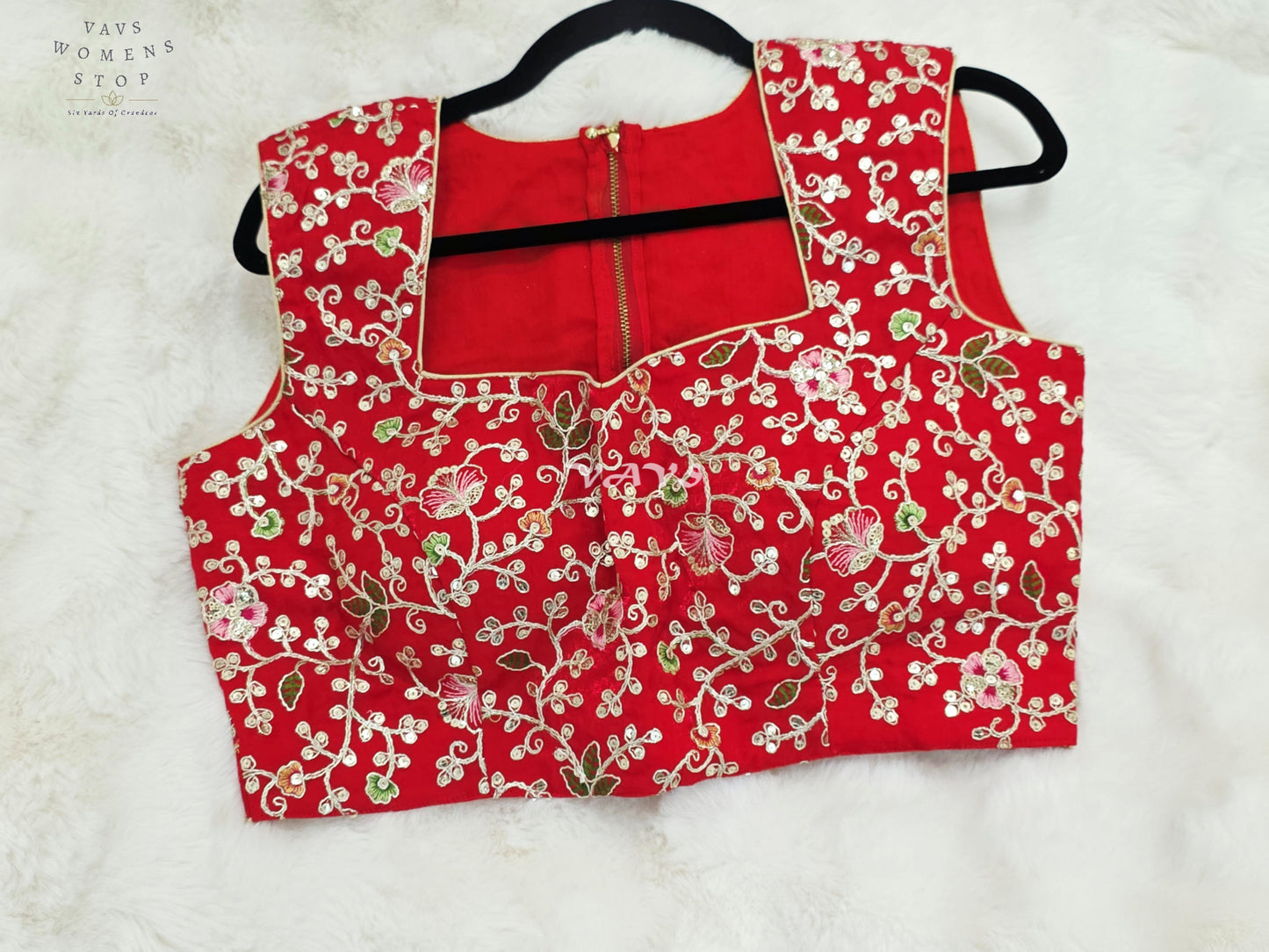 Royal Crimson Ruby Designer Spacesilk Floral Embroidered Sleeveless Partywear Blouse | Size 40-46