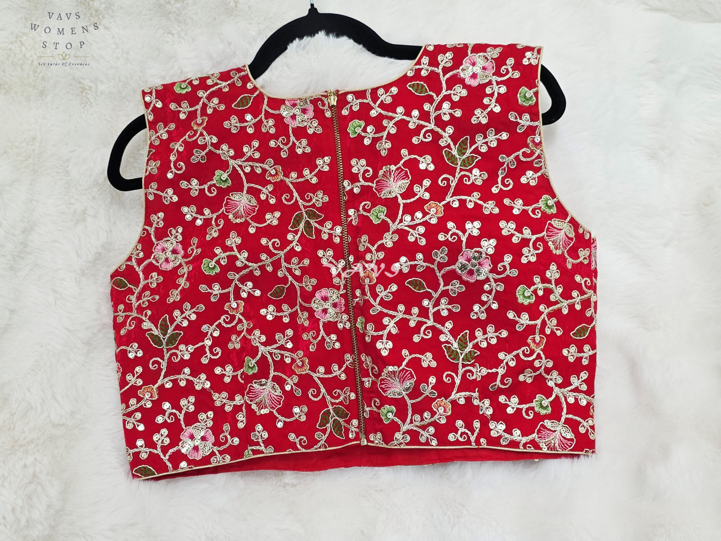 Royal Crimson Ruby Designer Spacesilk Floral Embroidered Sleeveless Partywear Blouse | Size 40-46
