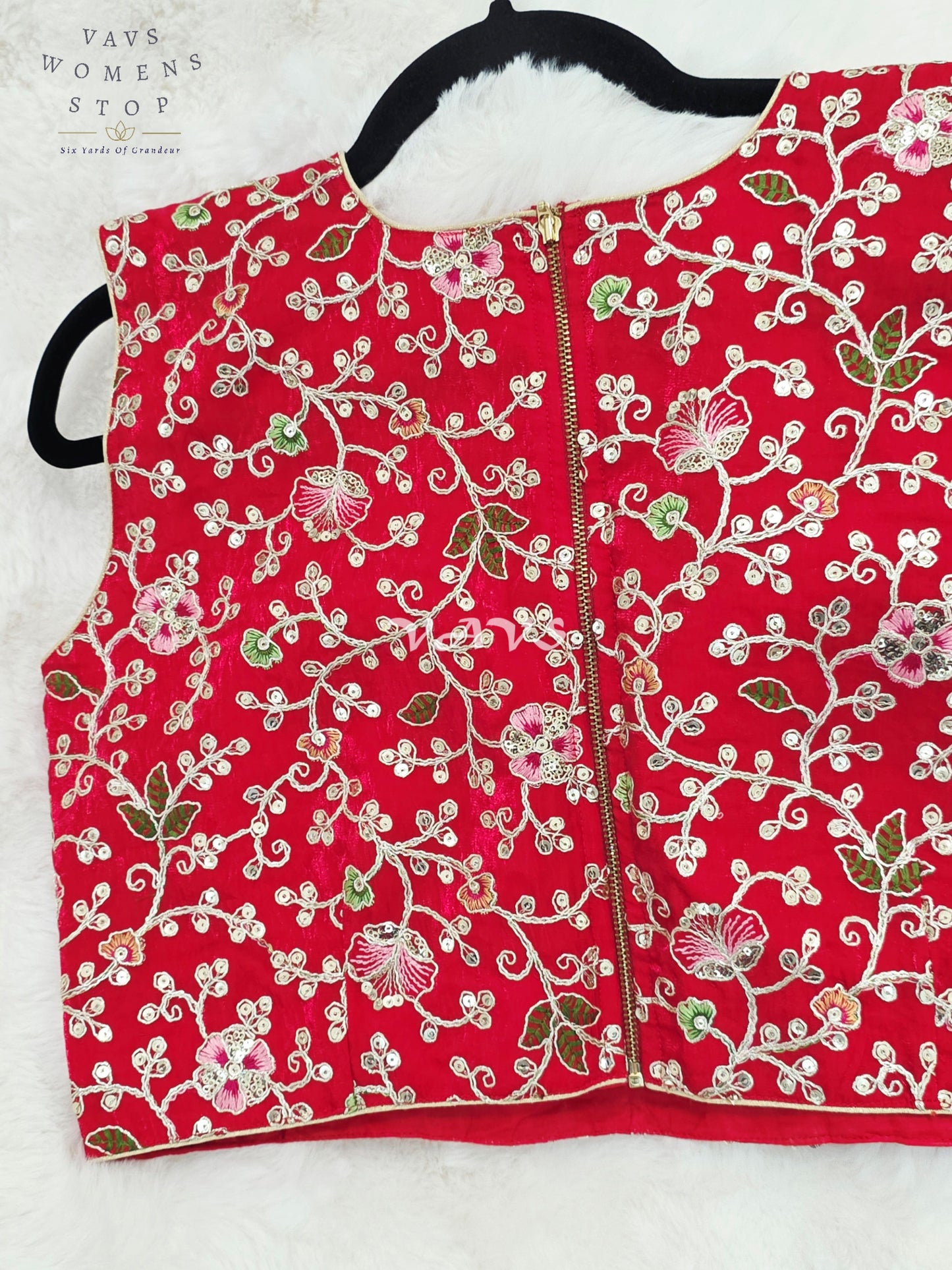 Royal Crimson Ruby Designer Spacesilk Floral Embroidered Sleeveless Partywear Blouse | Size 40-46