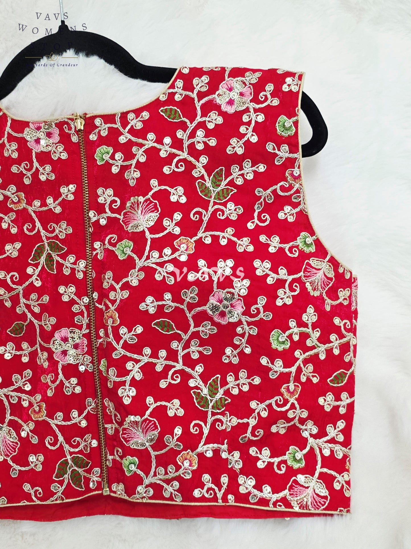 Royal Crimson Ruby Designer Spacesilk Floral Embroidered Sleeveless Partywear Blouse | Size 40-46