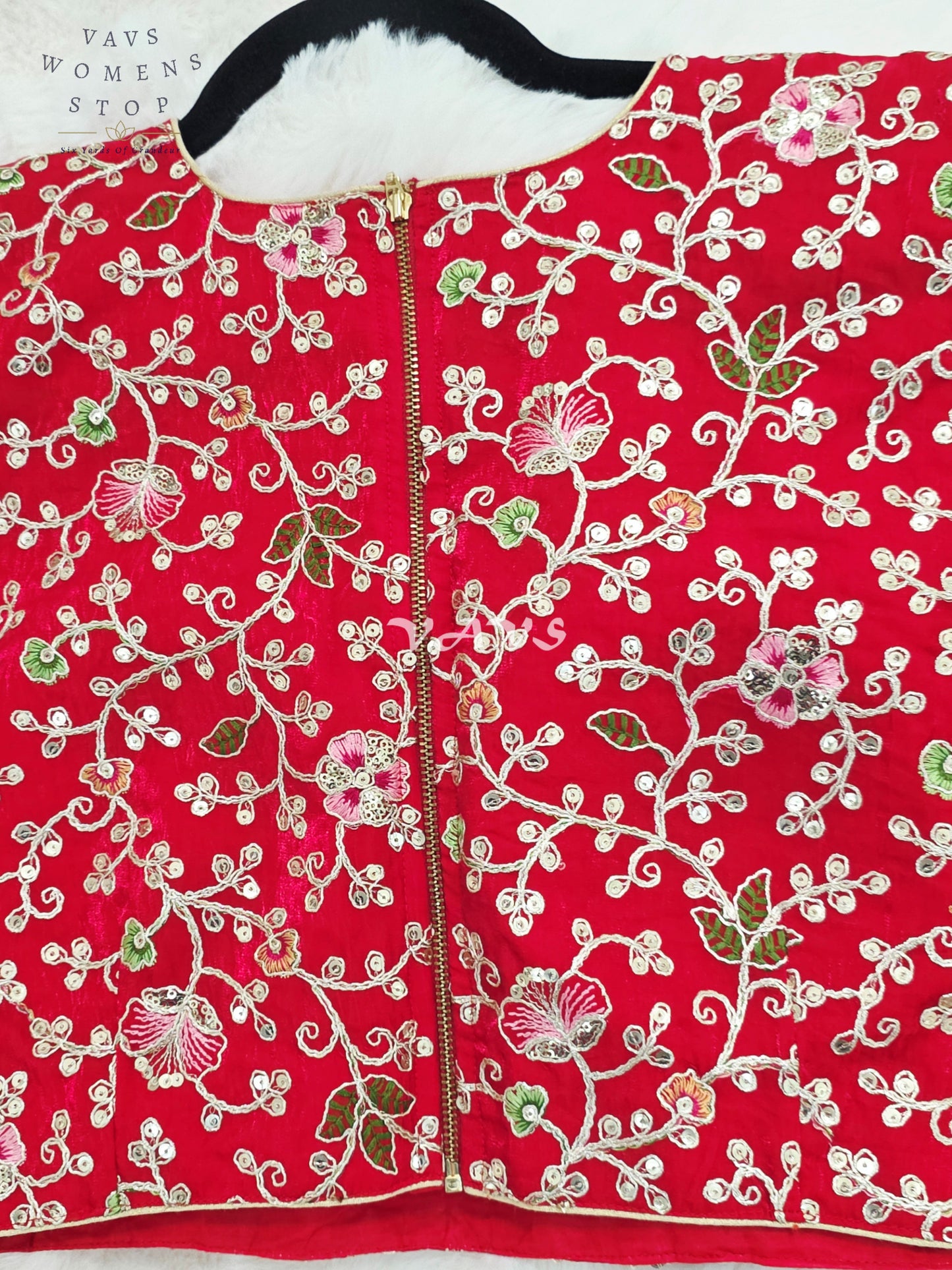 Royal Crimson Ruby Designer Spacesilk Floral Embroidered Sleeveless Partywear Blouse | Size 40-46