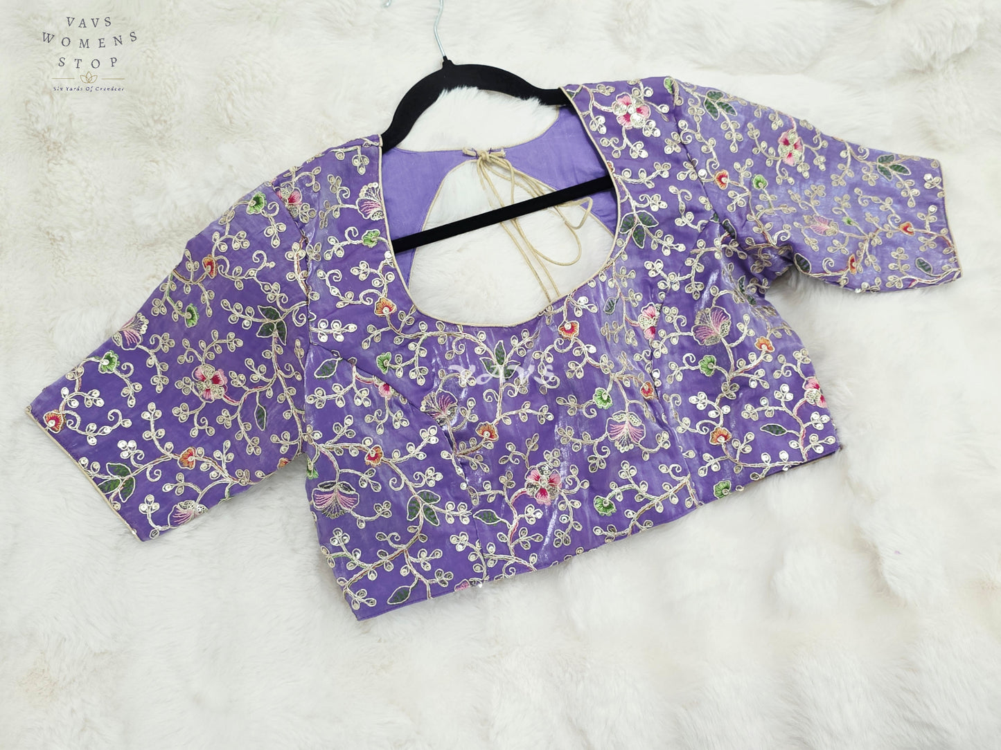 Royal Lavender Orchid Designer Space Silk Floral Embroidered Partywear Blouse | Size 40-46