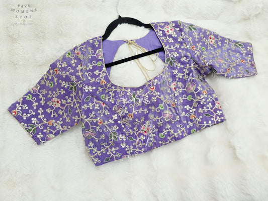 Royal Lavender Orchid Designer Space Silk Floral Embroidered Partywear Blouse | Size 40-46