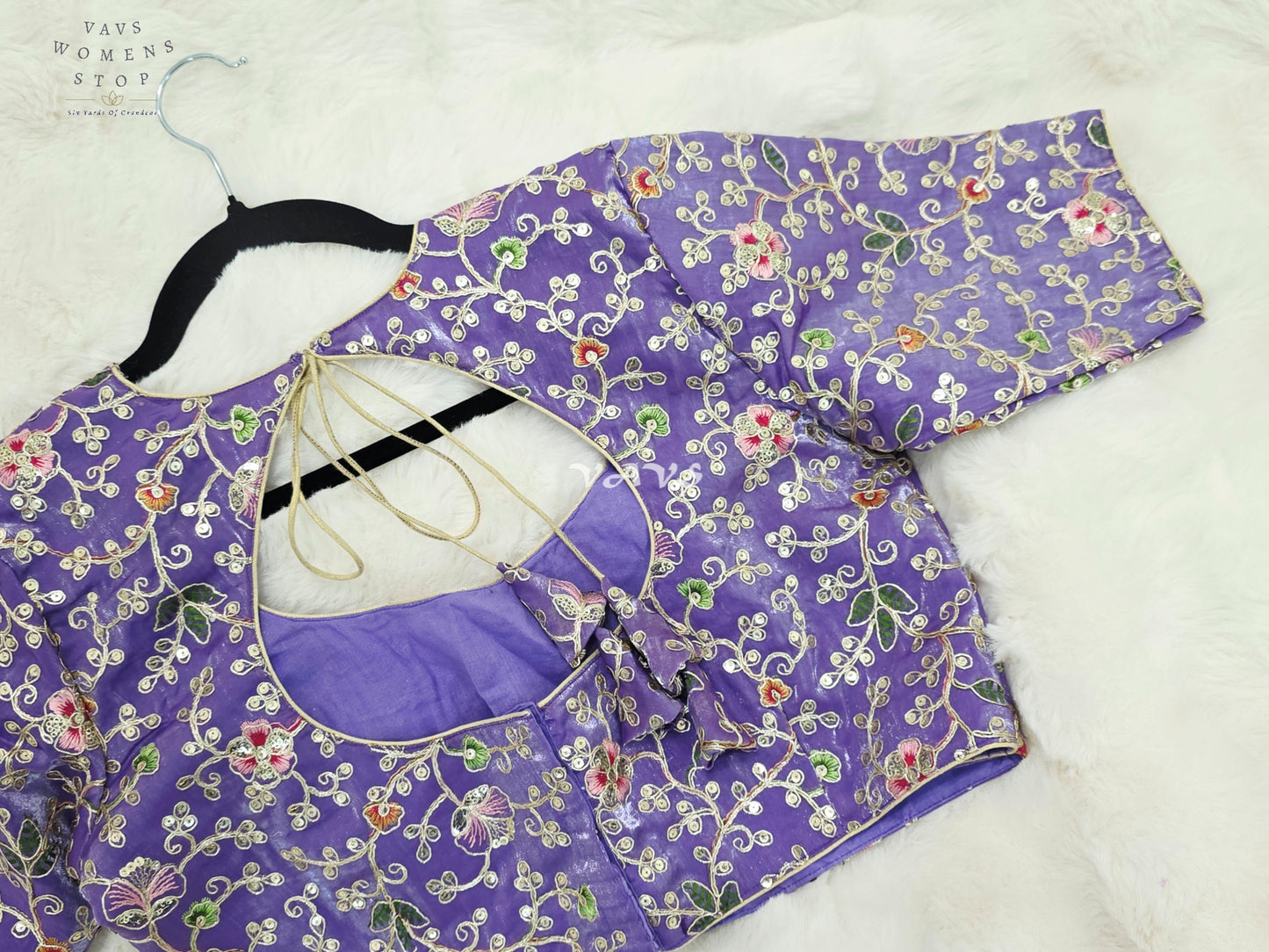 Royal Lavender Orchid Designer Space Silk Floral Embroidered Partywear Blouse | Size 40-46