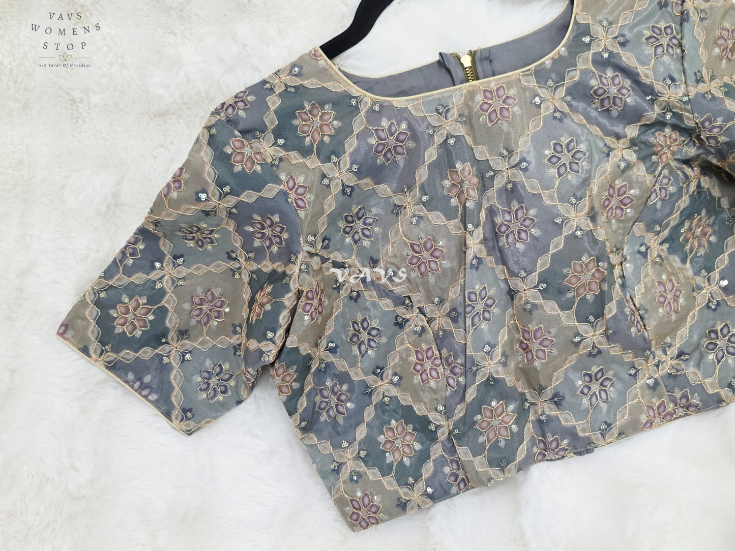 Royal Smoky Slate Grey Designer Chinon Chiffon Floral Embroidered Partywear Blouse | Size 38-44