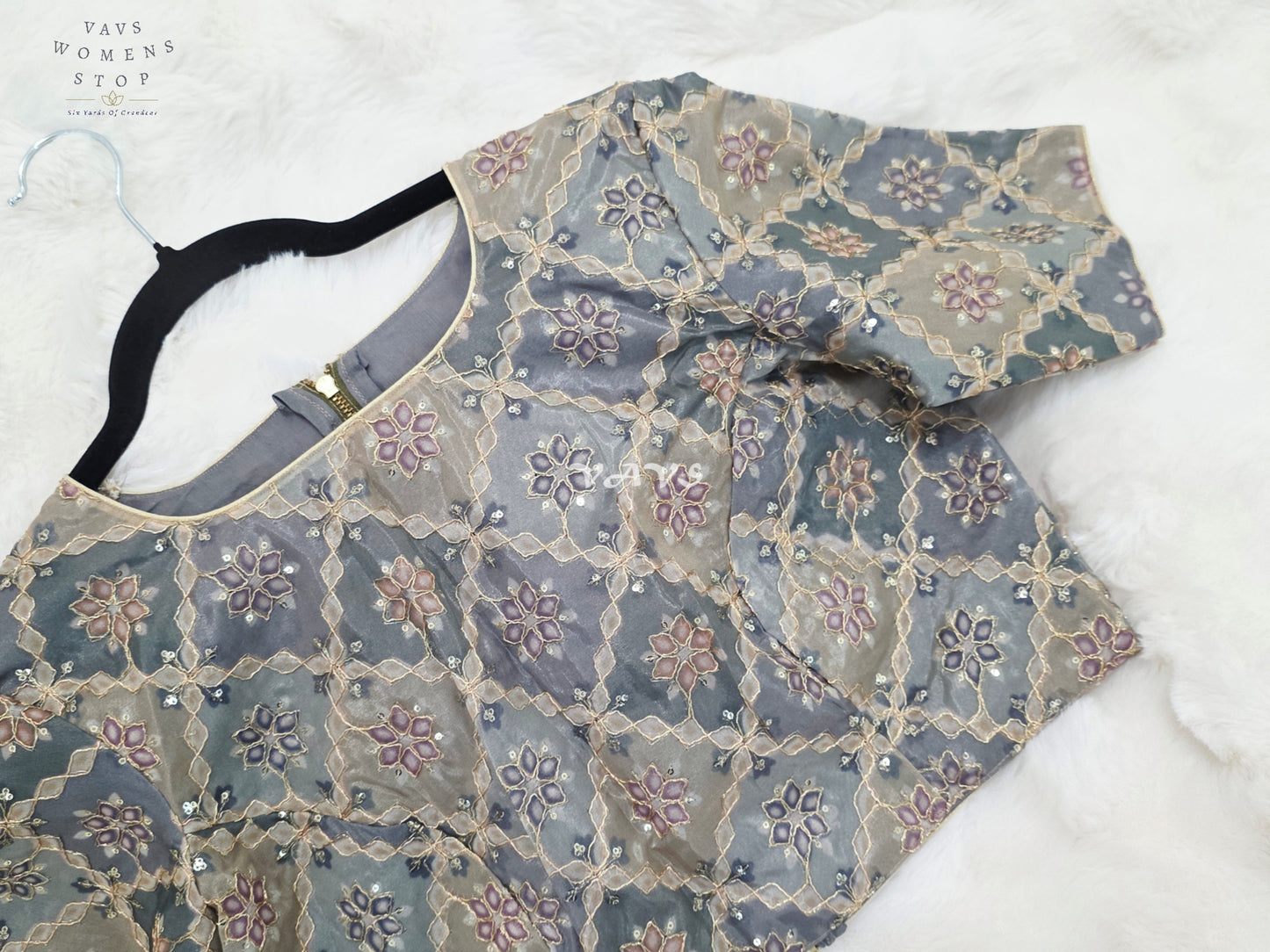 Royal Smoky Slate Grey Designer Chinon Chiffon Floral Embroidered Partywear Blouse | Size 38-44