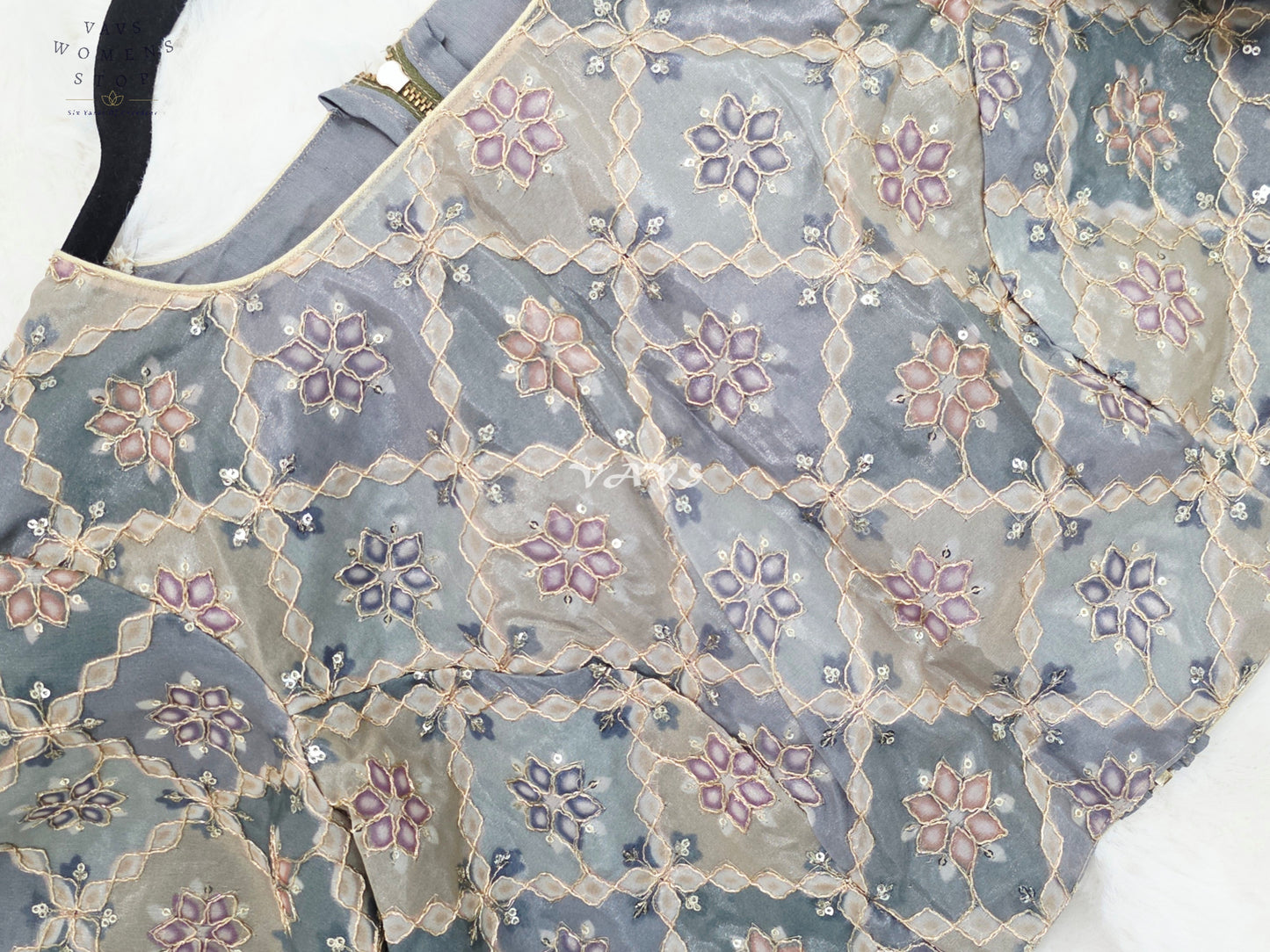 Royal Smoky Slate Grey Designer Chinon Chiffon Floral Embroidered Partywear Blouse | Size 38-44
