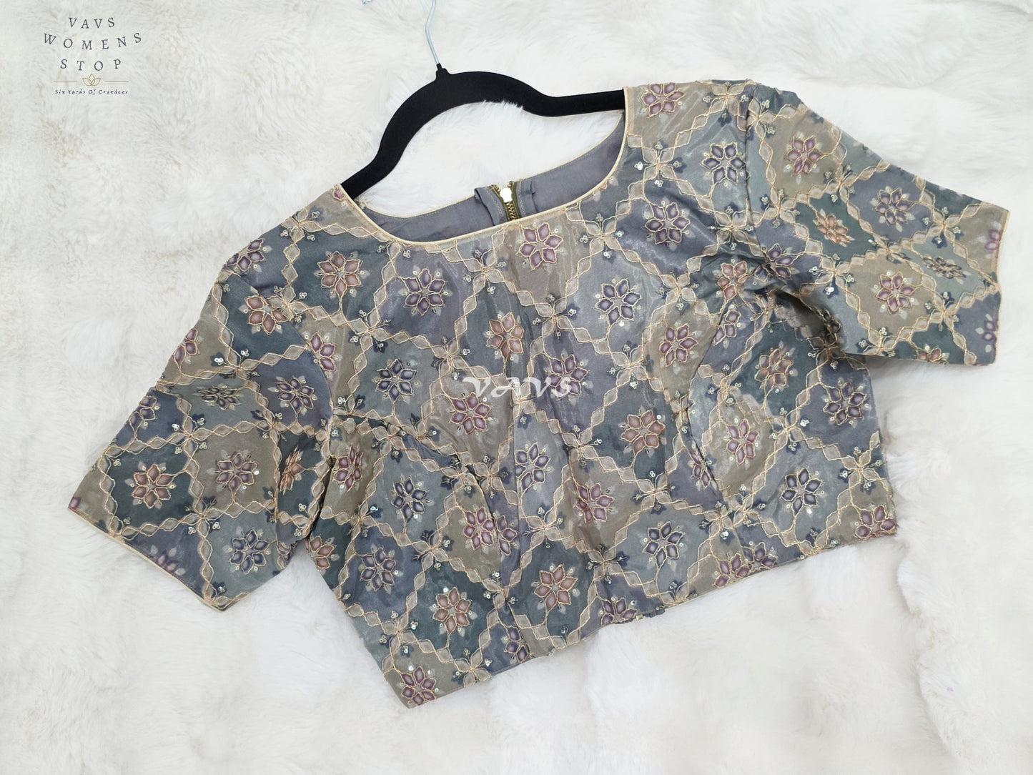 Royal Smoky Slate Grey Designer Chinon Chiffon Floral Embroidered Partywear Blouse | Size 38-44