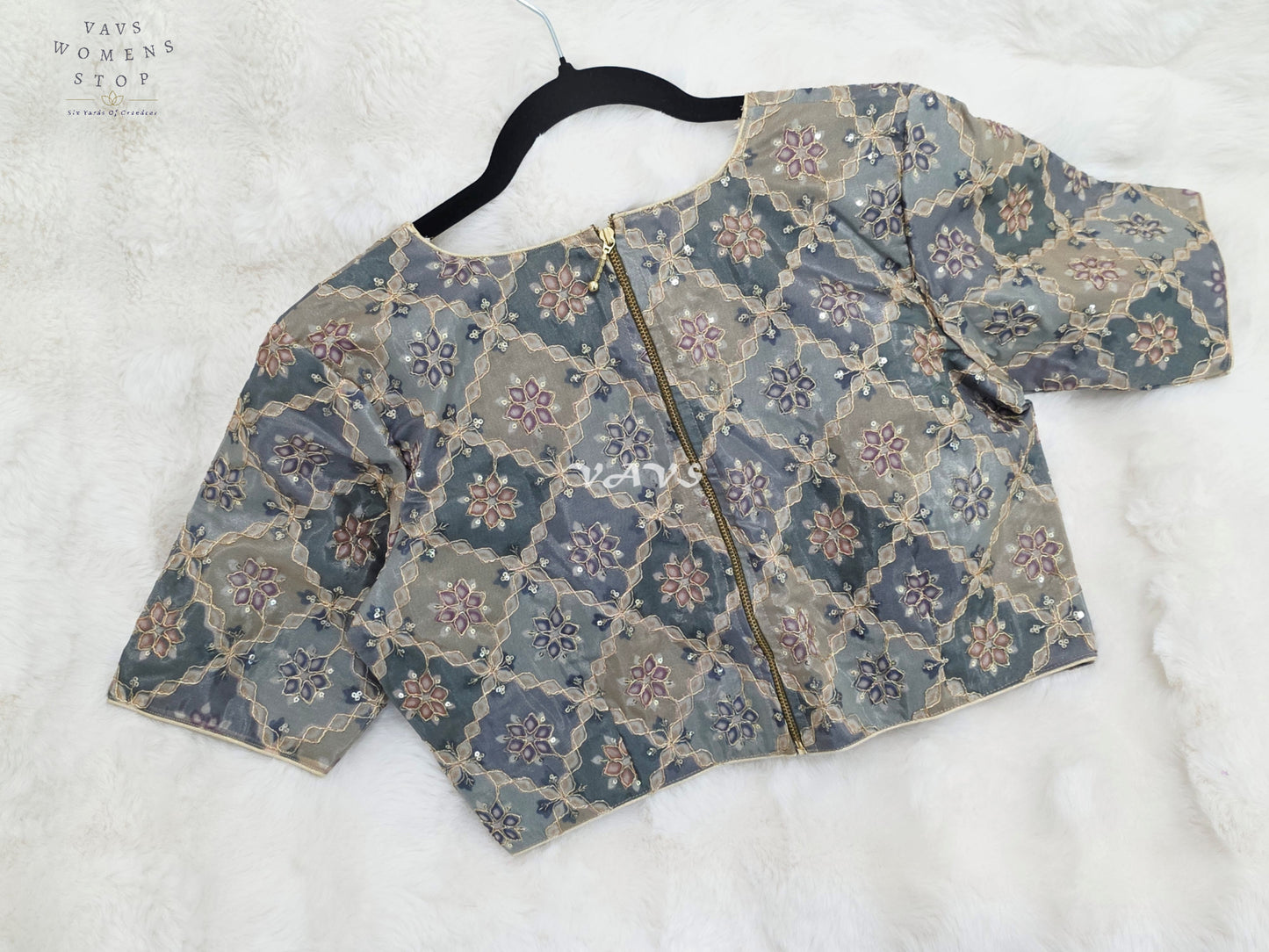 Royal Smoky Slate Grey Designer Chinon Chiffon Floral Embroidered Partywear Blouse | Size 38-44