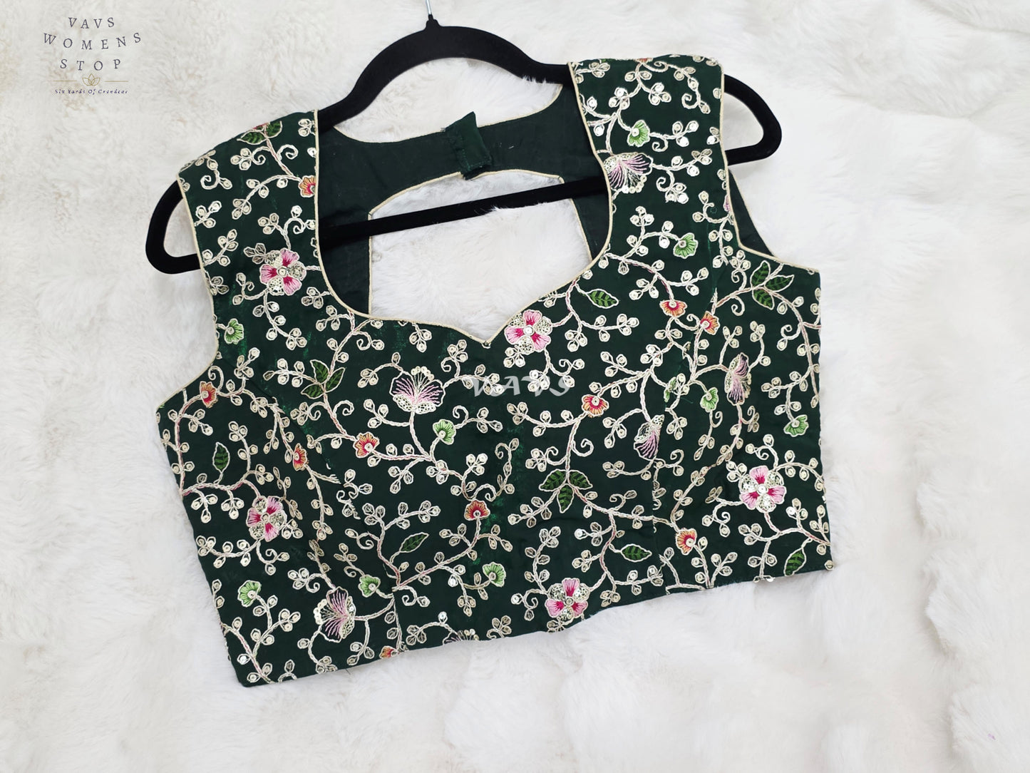 Royal Forest Emerald Designer Spacesilk Floral Embroidered Sleeveless Blouse | Size 40-46