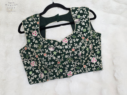 Royal Forest Emerald Designer Spacesilk Floral Embroidered Sleeveless Blouse | Size 40-46