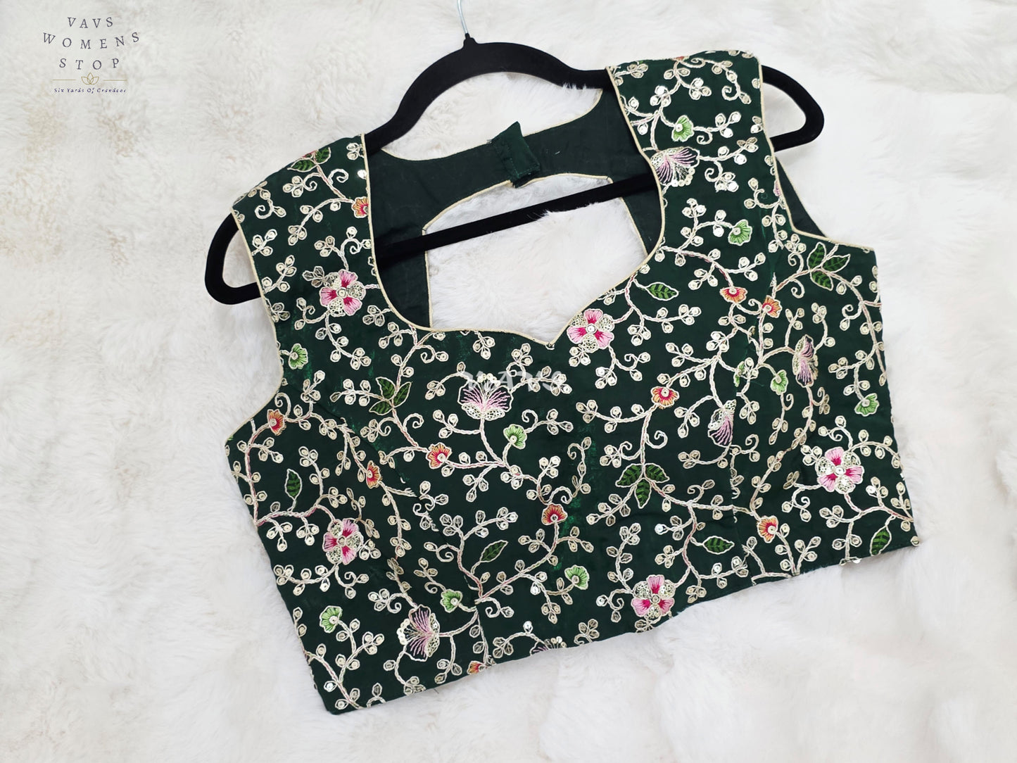 Royal Forest Emerald Designer Spacesilk Floral Embroidered Sleeveless Blouse | Size 40-46