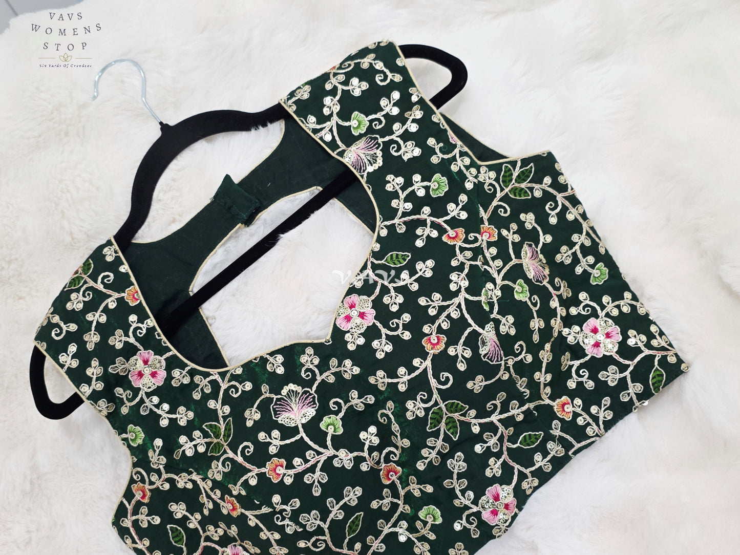Royal Forest Emerald Designer Spacesilk Floral Embroidered Sleeveless Blouse | Size 40-46