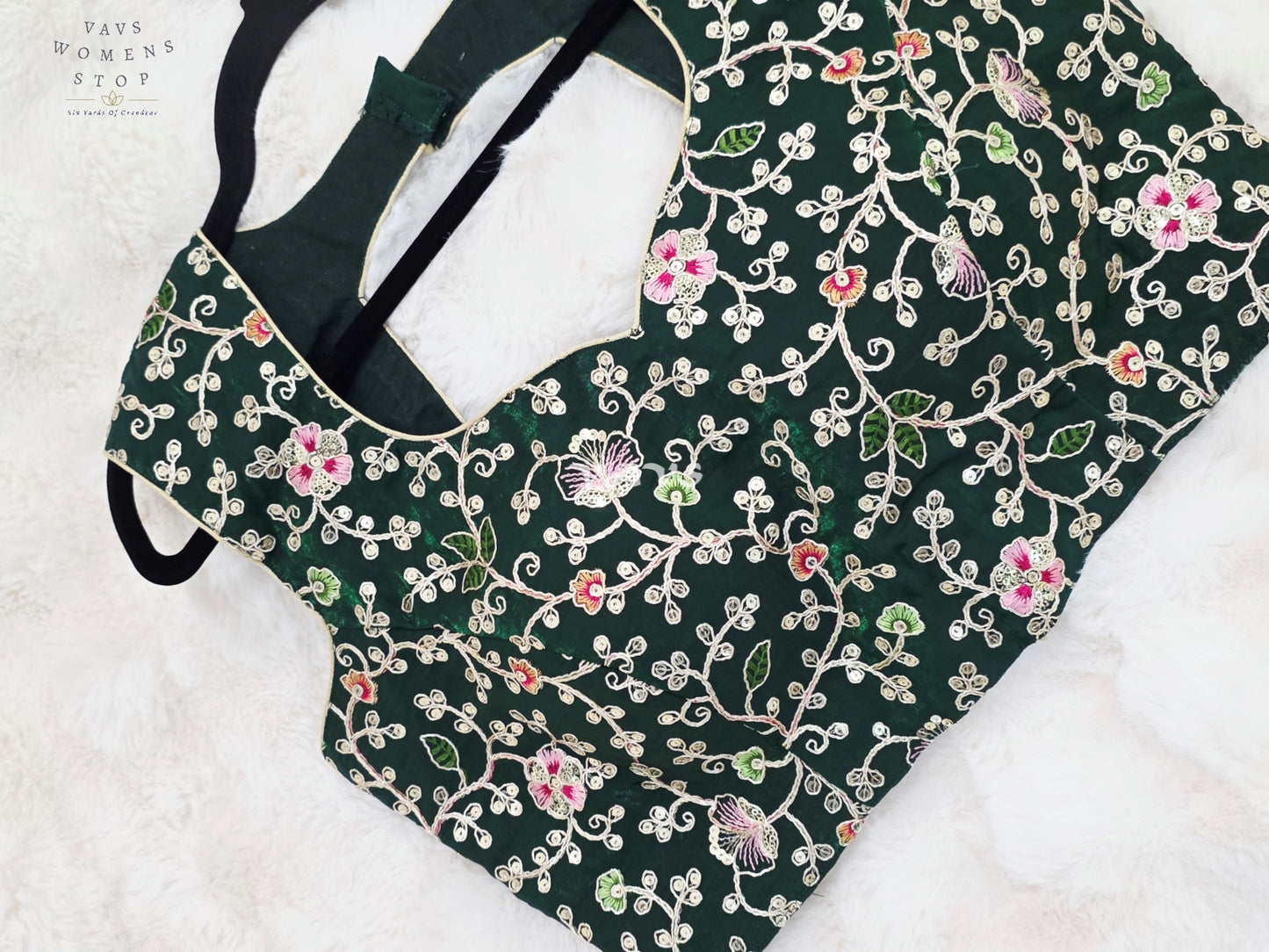Royal Forest Emerald Designer Spacesilk Floral Embroidered Sleeveless Blouse | Size 40-46
