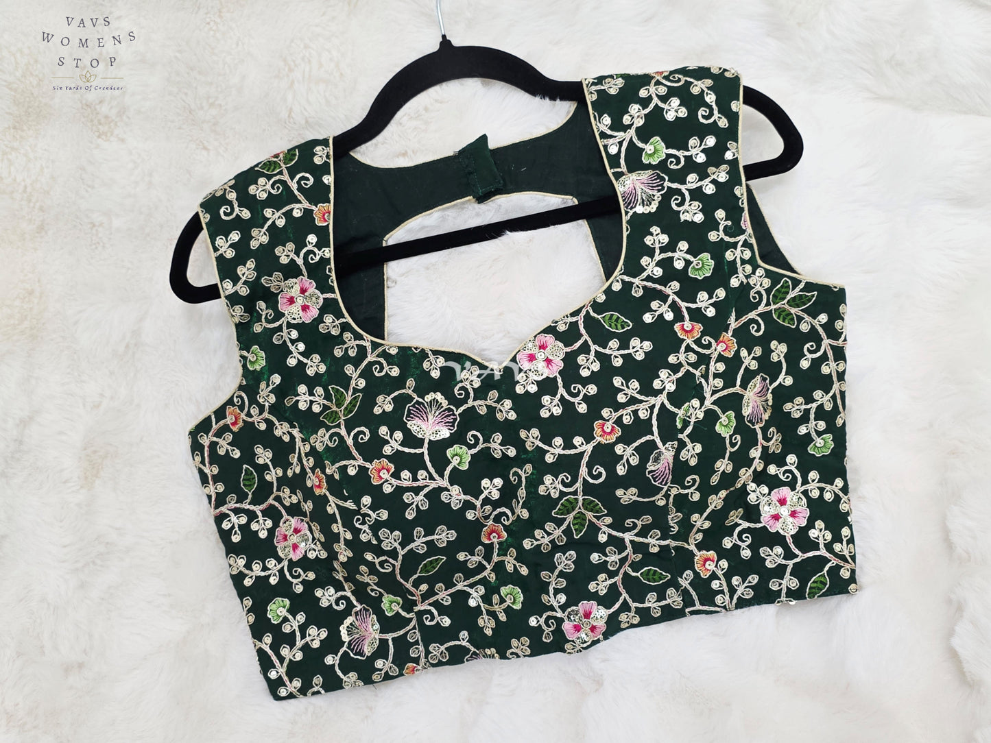 Royal Forest Emerald Designer Spacesilk Floral Embroidered Sleeveless Blouse | Size 40-46