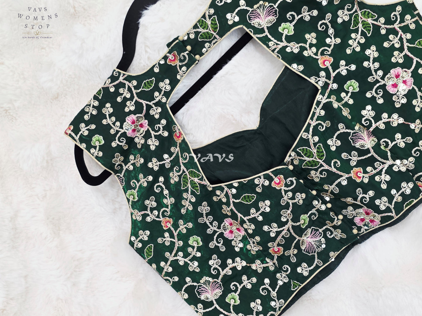 Royal Forest Emerald Designer Spacesilk Floral Embroidered Sleeveless Blouse | Size 40-46