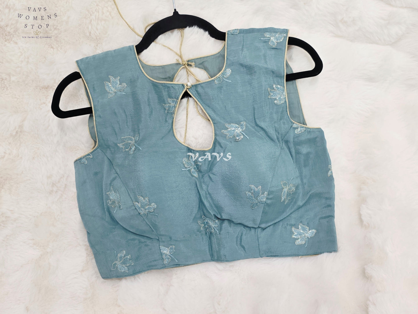 Royal Misty Sky Blue Chinon Chiffon Designer Sleeveless Embroidered Blouse | Size 38-44