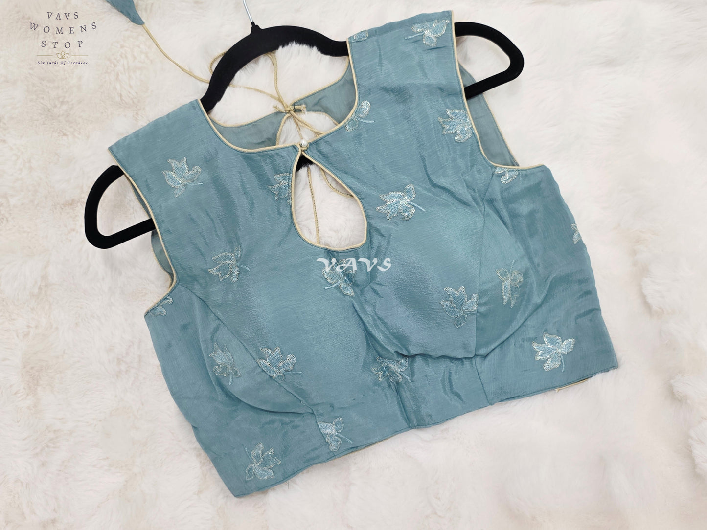 Royal Misty Sky Blue Chinon Chiffon Designer Sleeveless Embroidered Blouse | Size 38-44