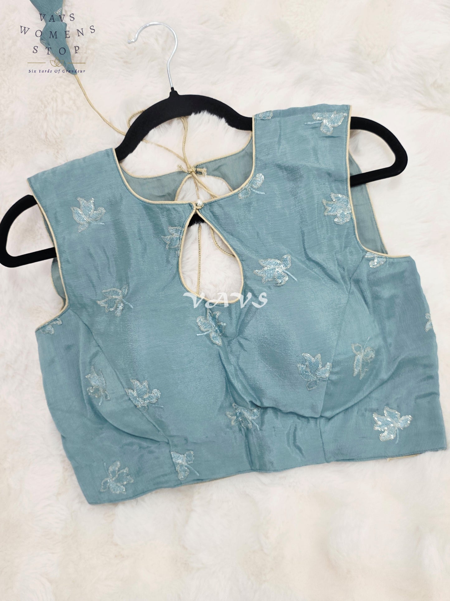Royal Misty Sky Blue Chinon Chiffon Designer Sleeveless Embroidered Blouse | Size 38-44