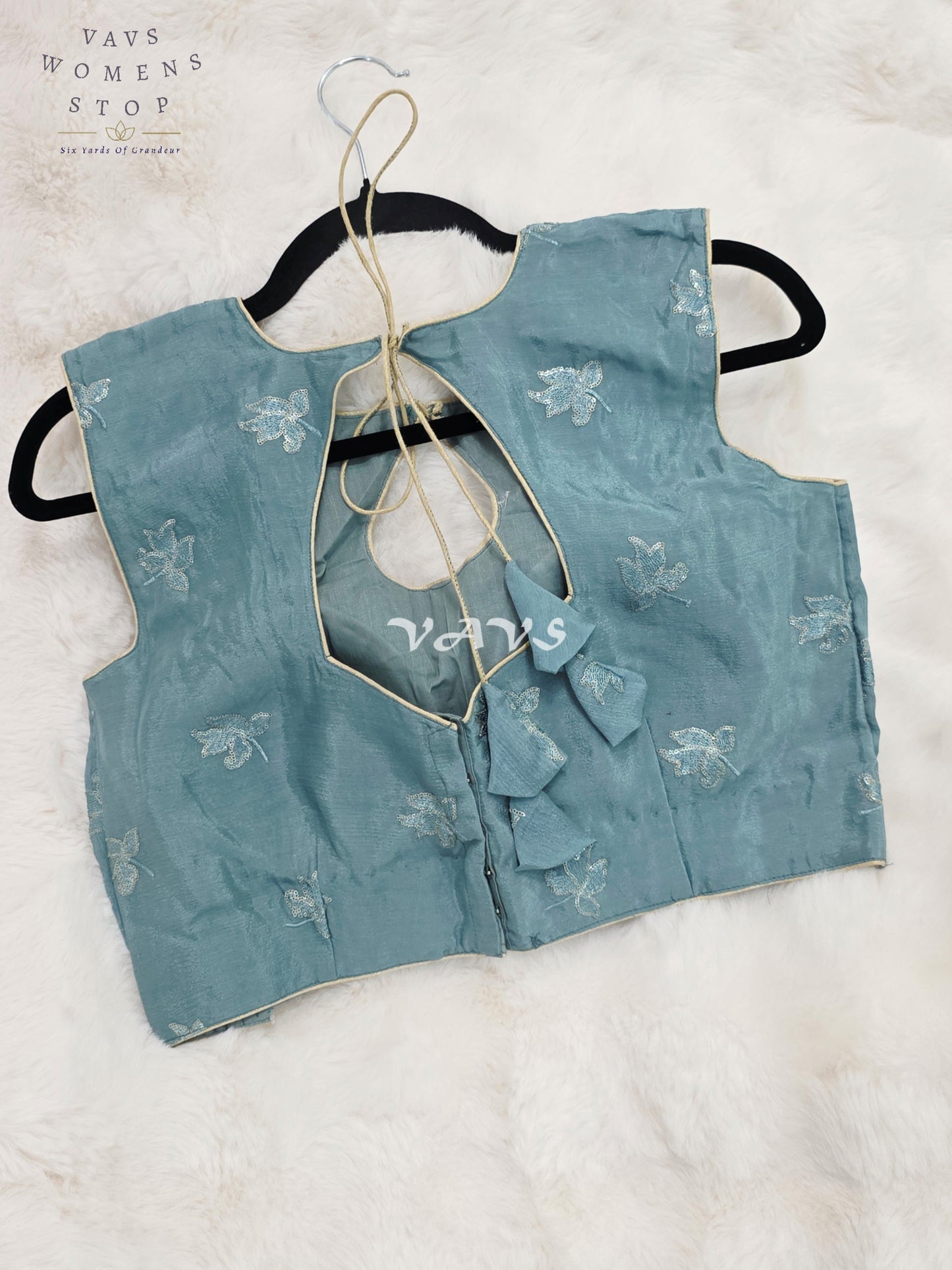 Royal Misty Sky Blue Chinon Chiffon Designer Sleeveless Embroidered Blouse | Size 38-44