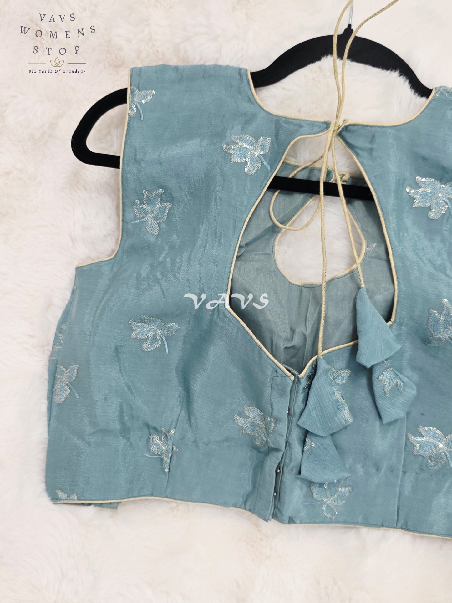 Royal Misty Sky Blue Chinon Chiffon Designer Sleeveless Embroidered Blouse | Size 38-44