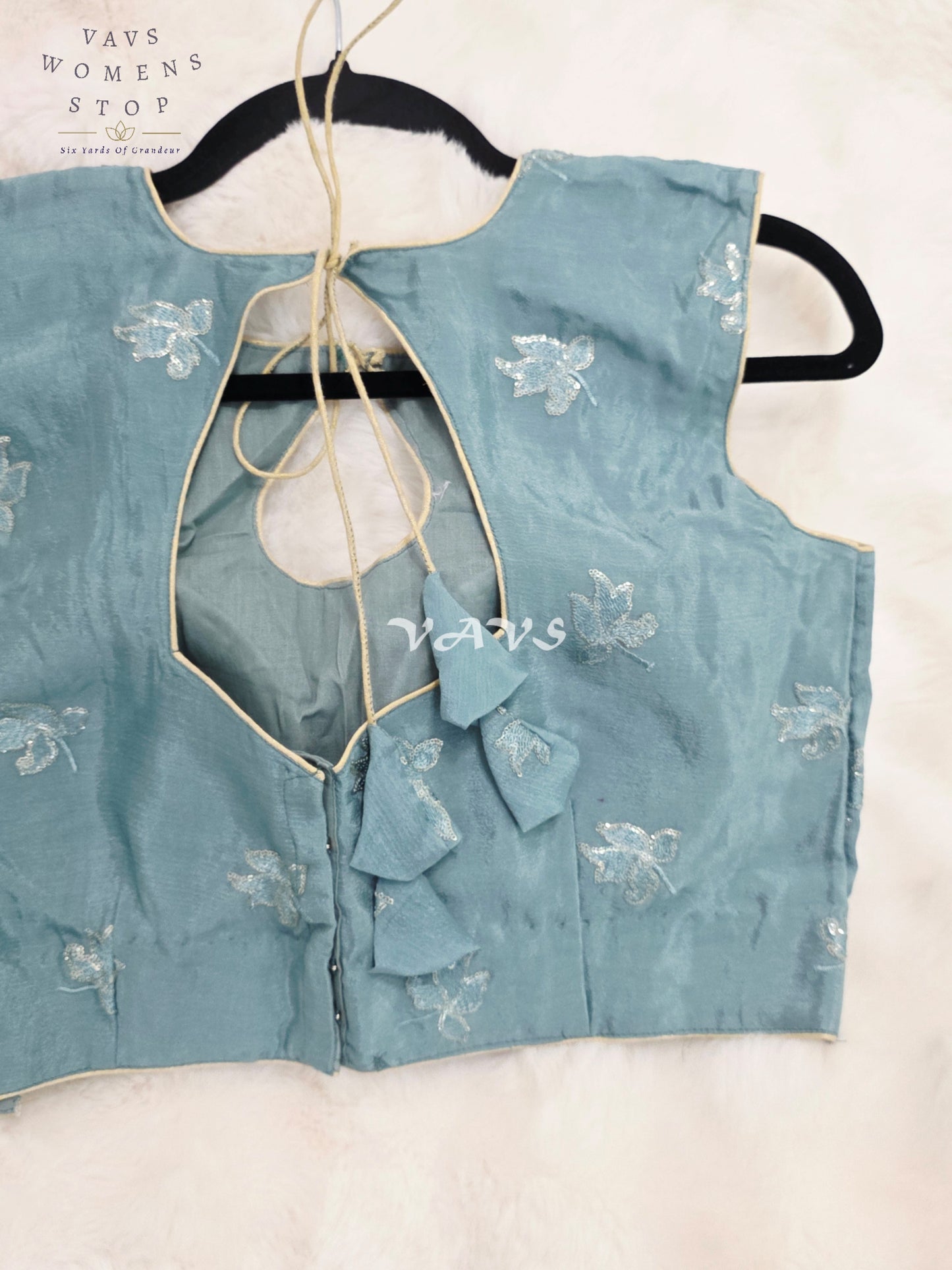 Royal Misty Sky Blue Chinon Chiffon Designer Sleeveless Embroidered Blouse | Size 38-44