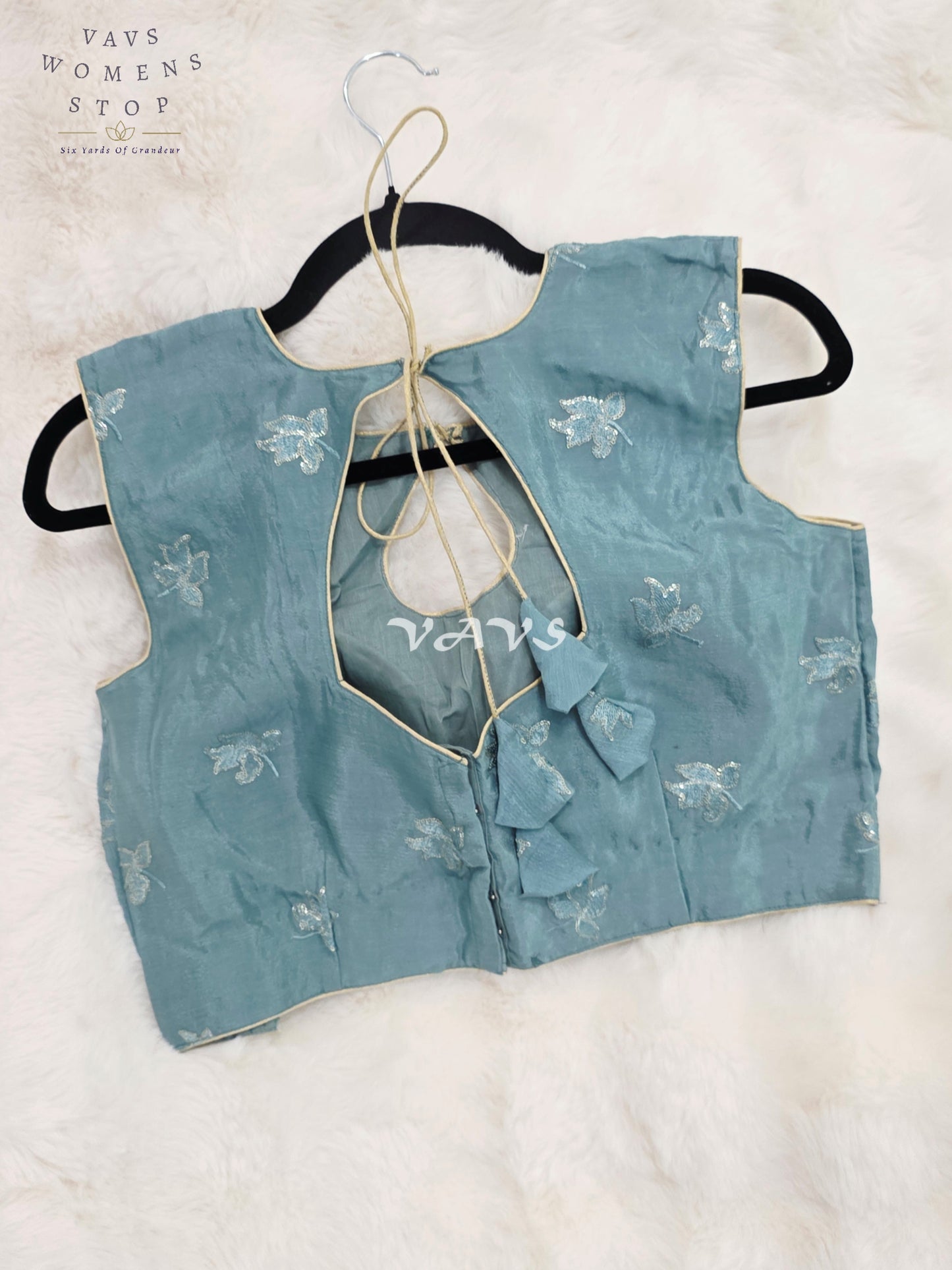 Royal Misty Sky Blue Chinon Chiffon Designer Sleeveless Embroidered Blouse | Size 38-44