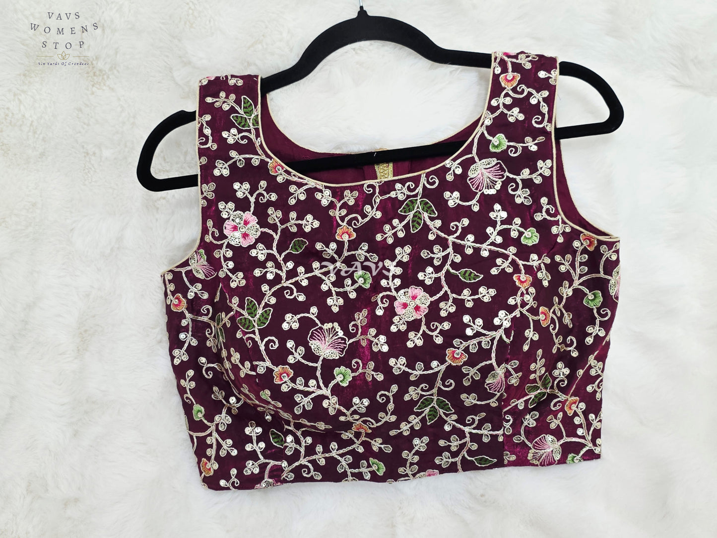 Royal Plum Wine Designer Spacesilk Floral Embroidered Sleeveless Partywear Blouse | Size 36-42