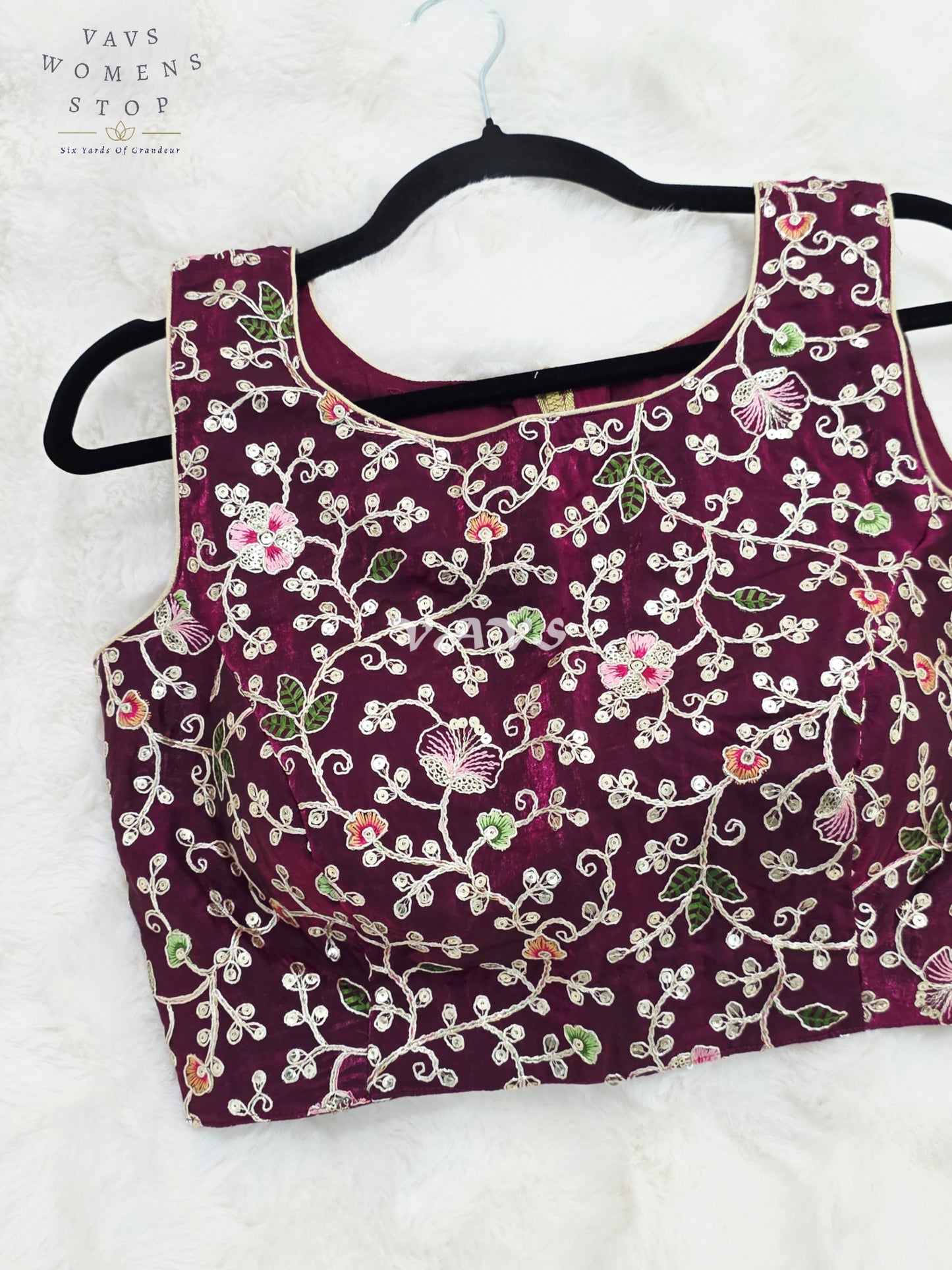 Royal Plum Wine Designer Spacesilk Floral Embroidered Sleeveless Partywear Blouse | Size 36-42