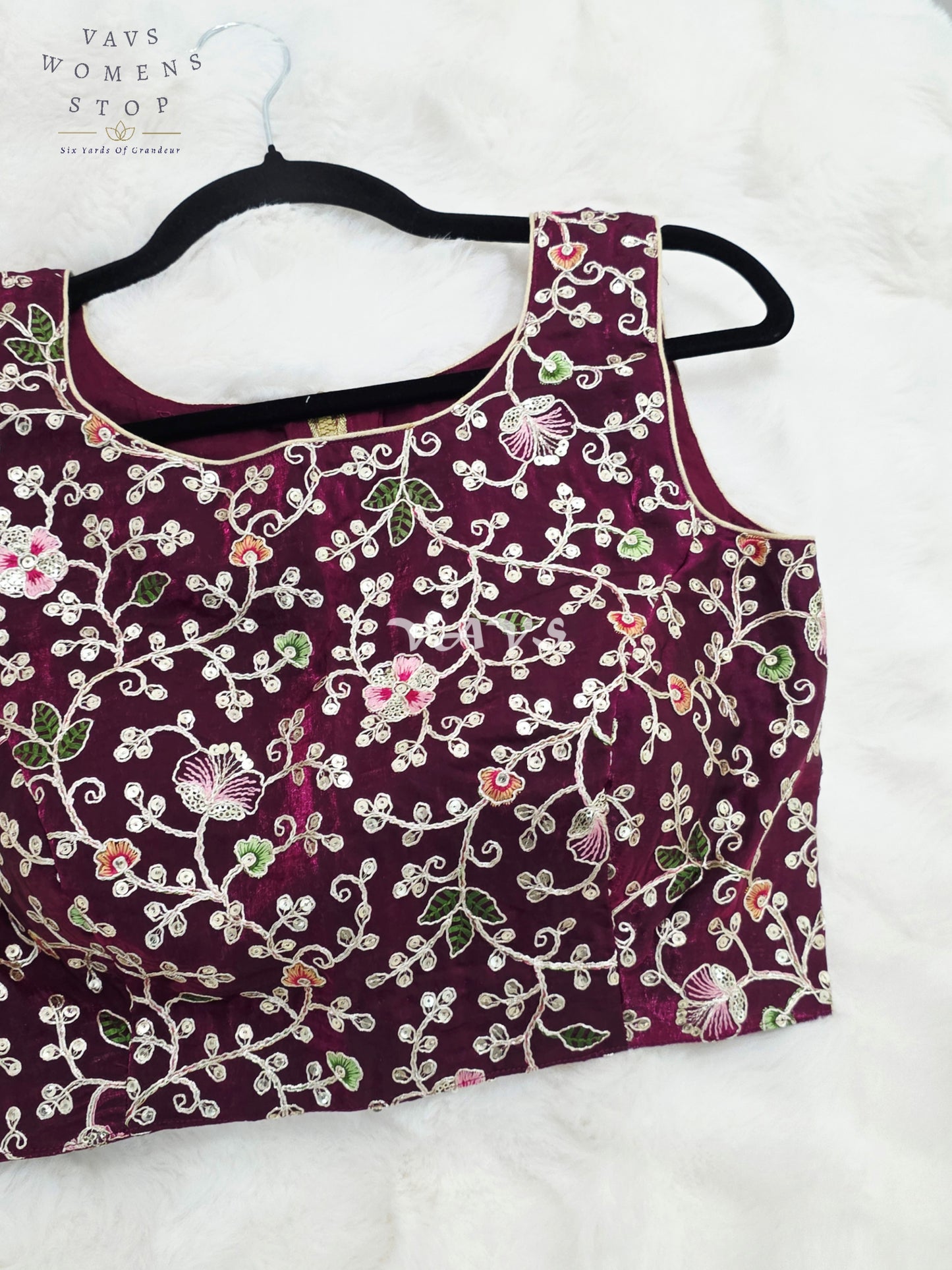 Royal Plum Wine Designer Spacesilk Floral Embroidered Sleeveless Partywear Blouse | Size 36-42