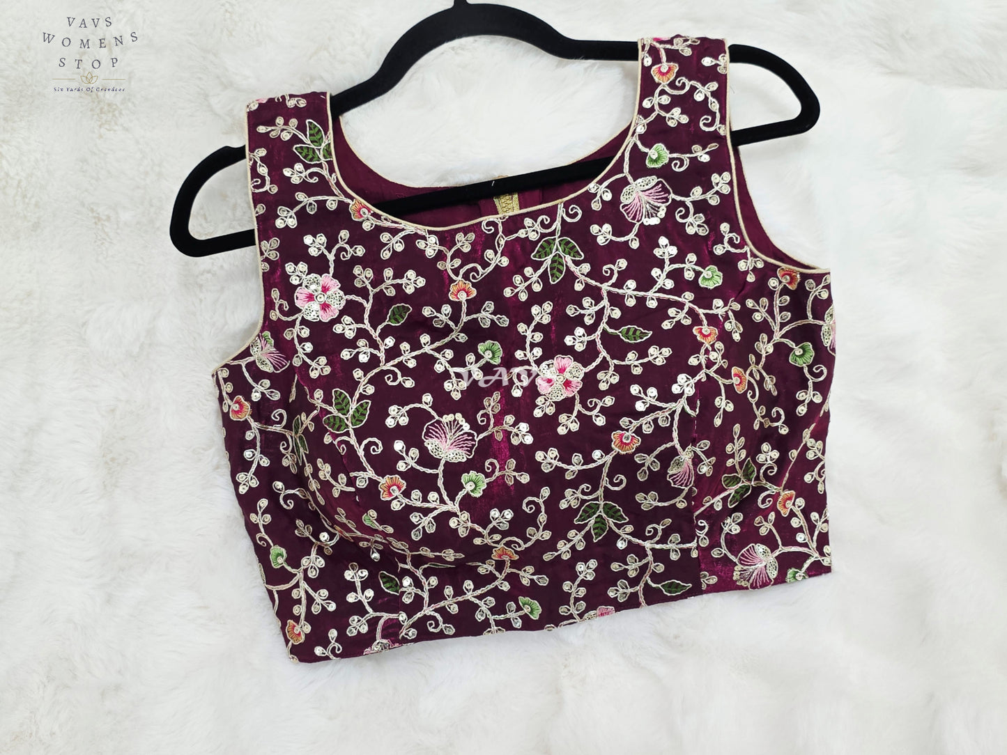 Royal Plum Wine Designer Spacesilk Floral Embroidered Sleeveless Partywear Blouse | Size 36-42