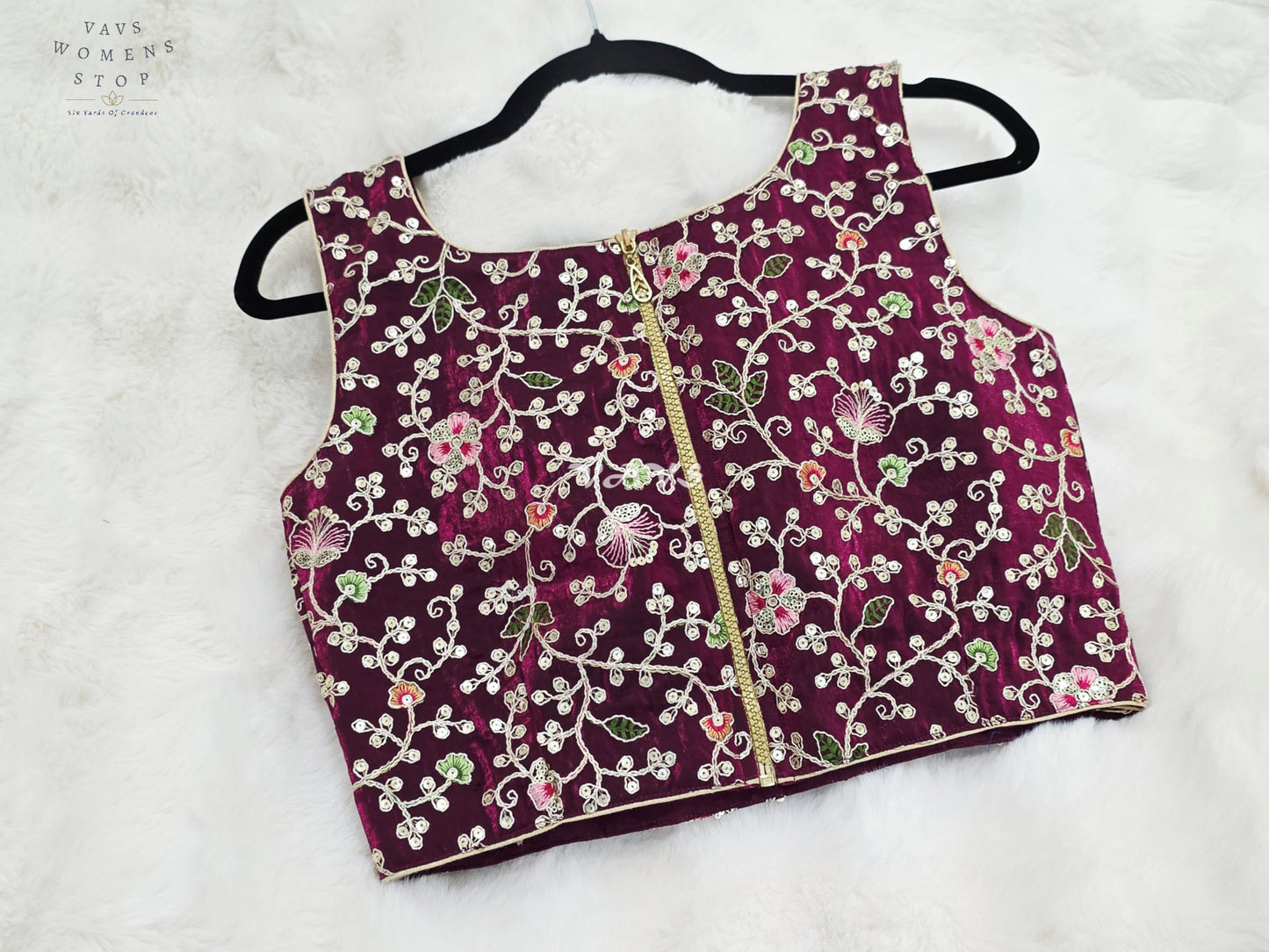 Royal Plum Wine Designer Spacesilk Floral Embroidered Sleeveless Partywear Blouse | Size 36-42