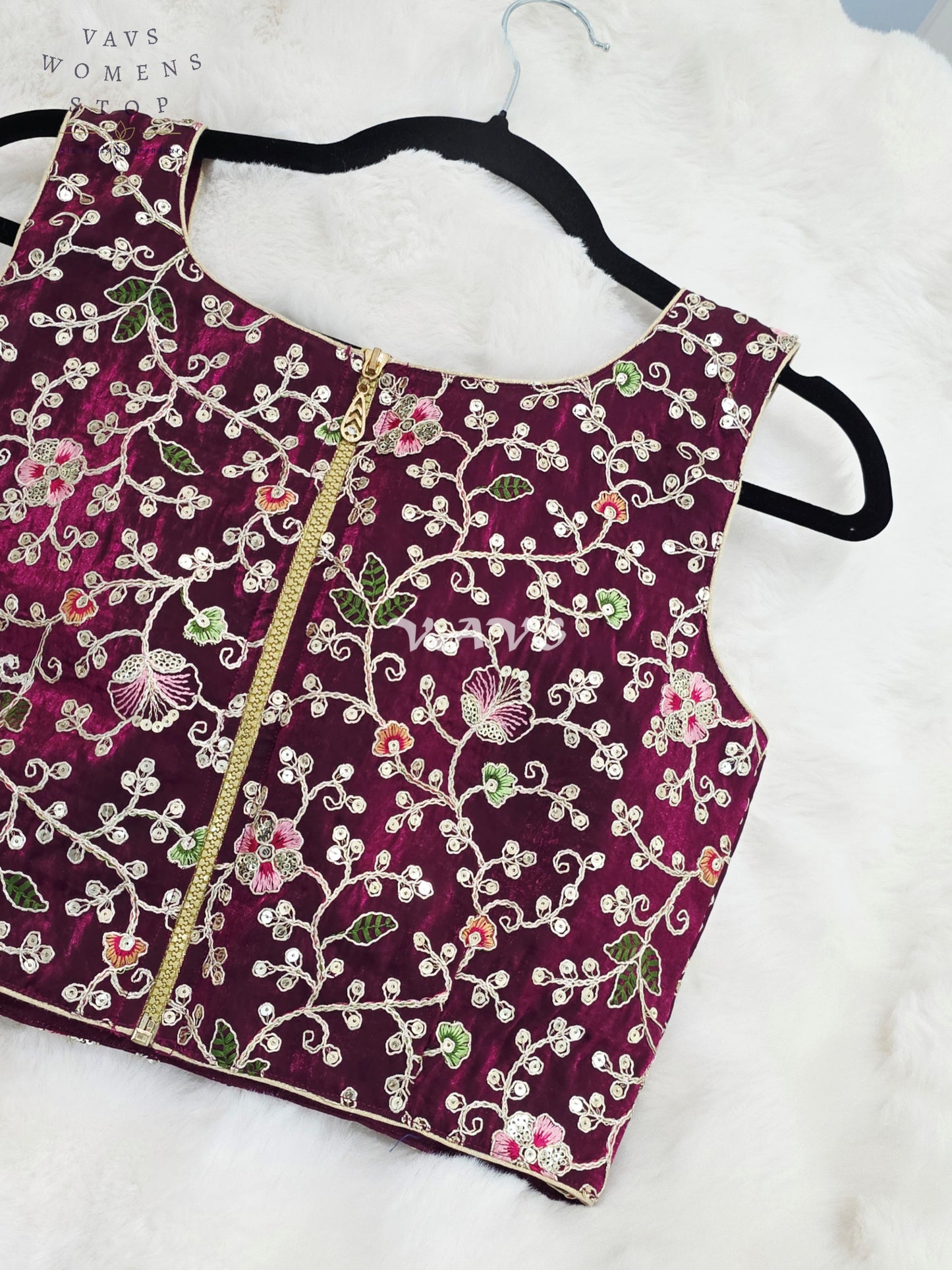 Royal Plum Wine Designer Spacesilk Floral Embroidered Sleeveless Partywear Blouse | Size 36-42