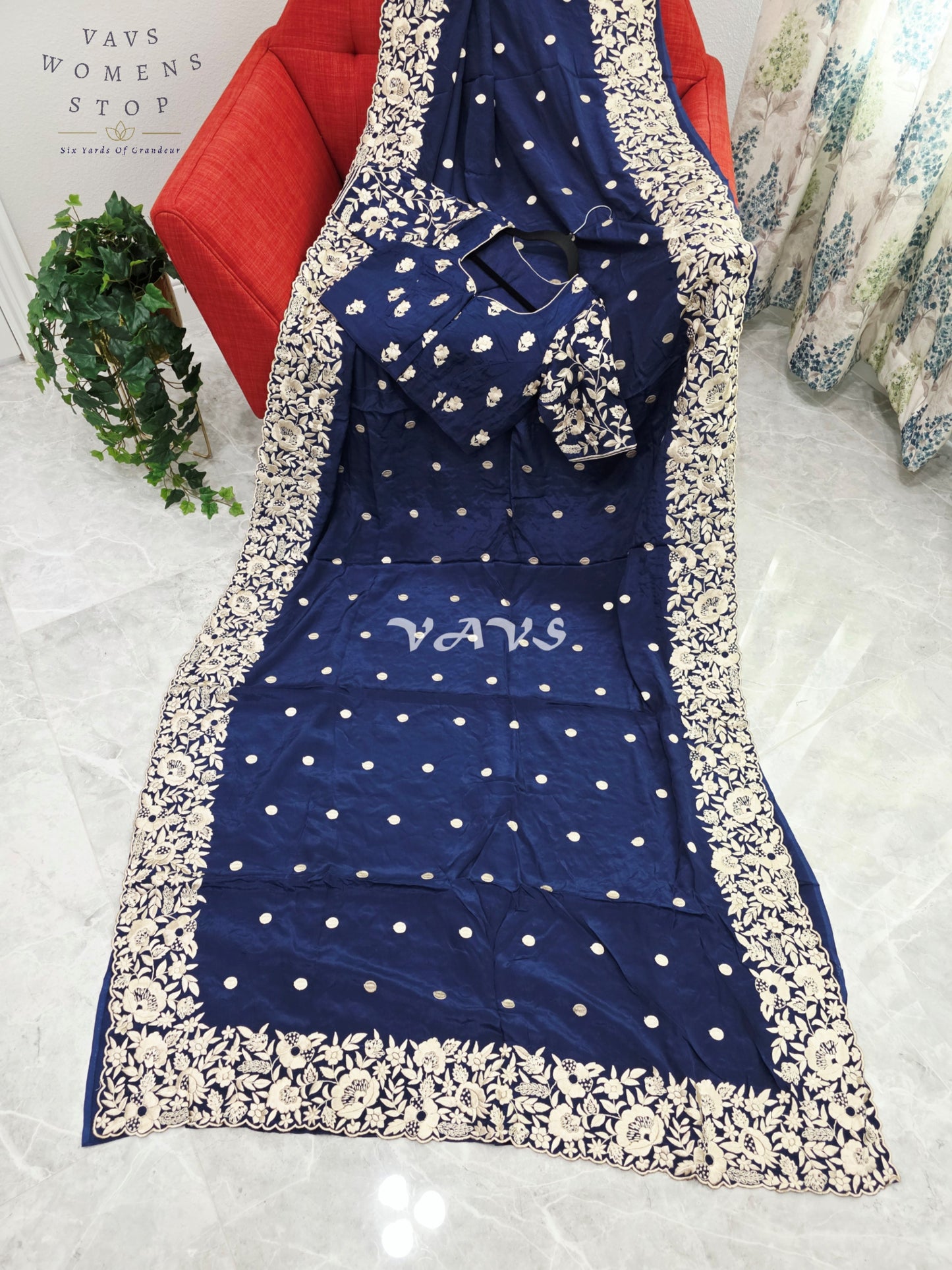 Royal Midnight Navy Pure Crepe Parsi Gara Machine Embroidery Saree with Heavy Designer Stitched Blouse Size 36-42