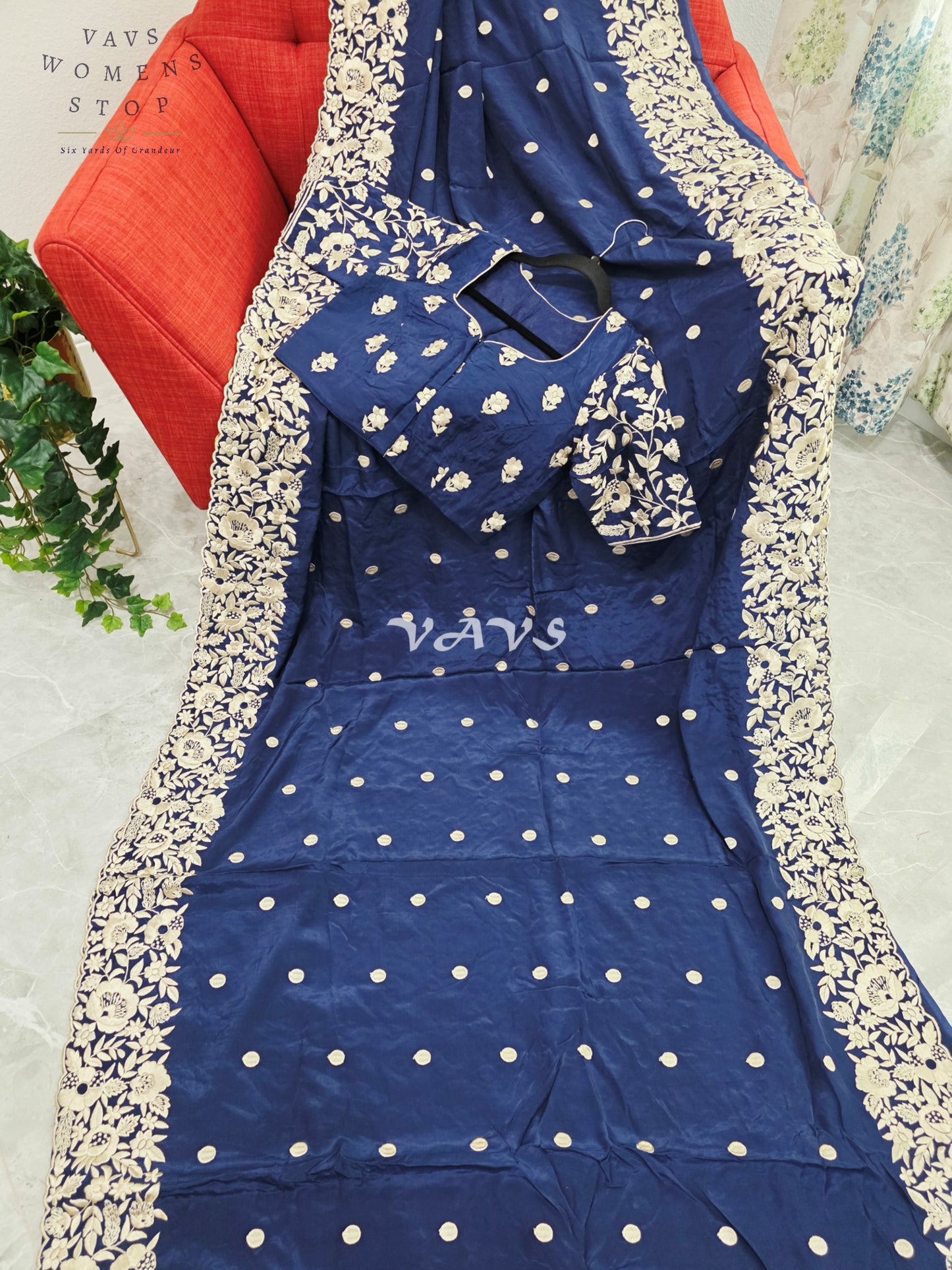 Royal Midnight Navy Pure Crepe Parsi Gara Machine Embroidery Saree with Heavy Designer Stitched Blouse Size 36-42