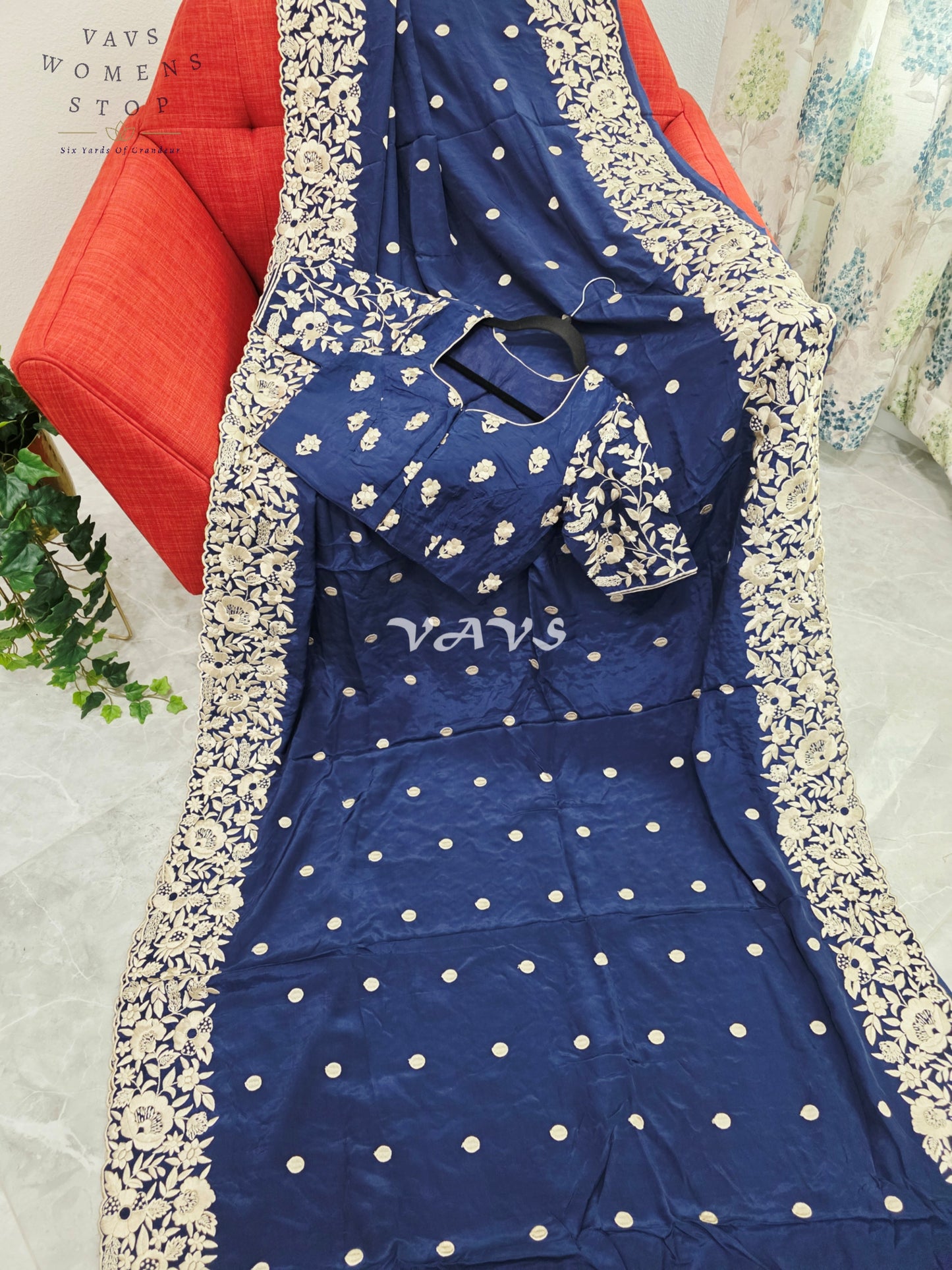 Royal Midnight Navy Pure Crepe Parsi Gara Machine Embroidery Saree with Heavy Designer Stitched Blouse Size 36-42