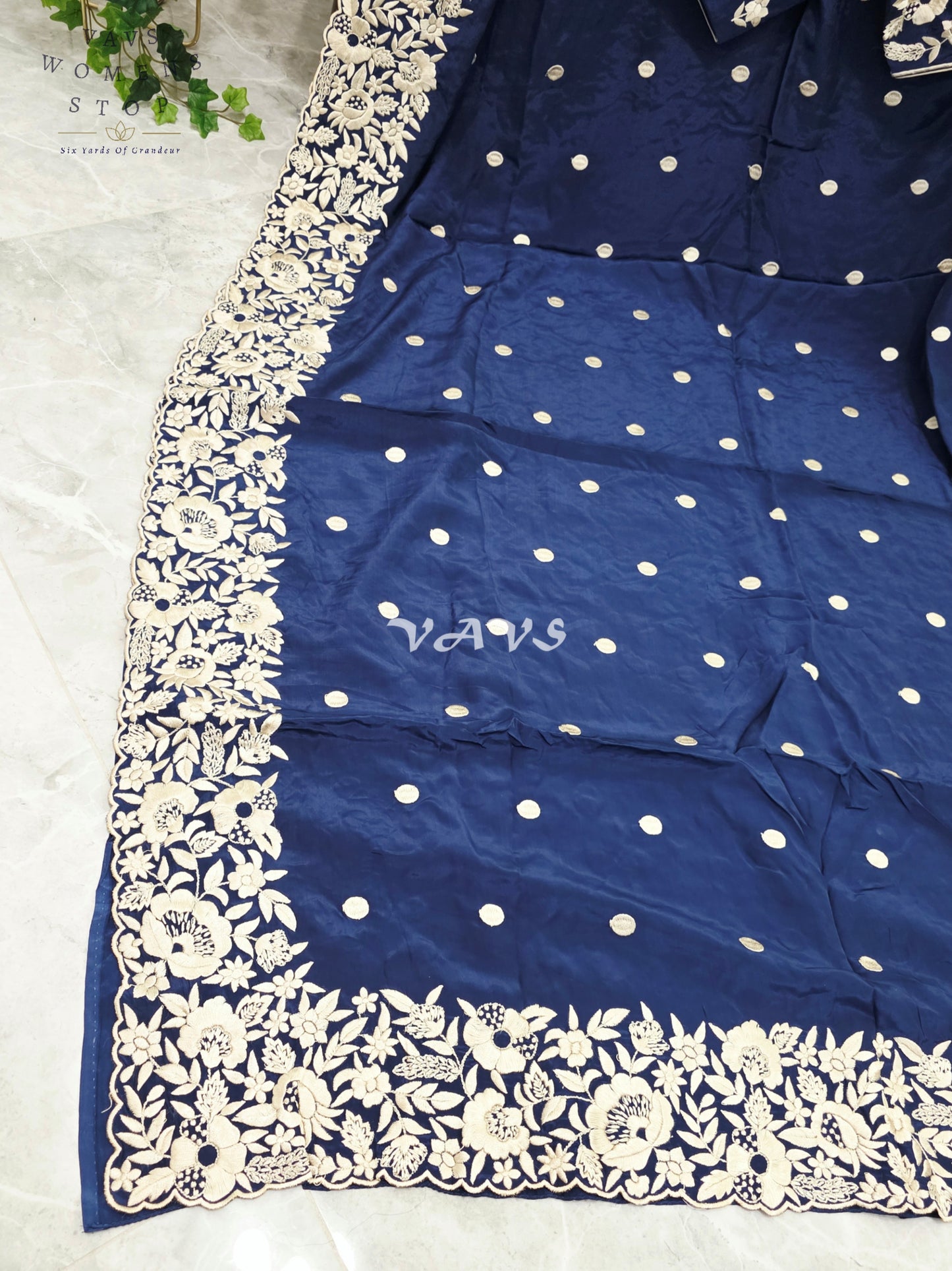 Royal Midnight Navy Pure Crepe Parsi Gara Machine Embroidery Saree with Heavy Designer Stitched Blouse Size 36-42