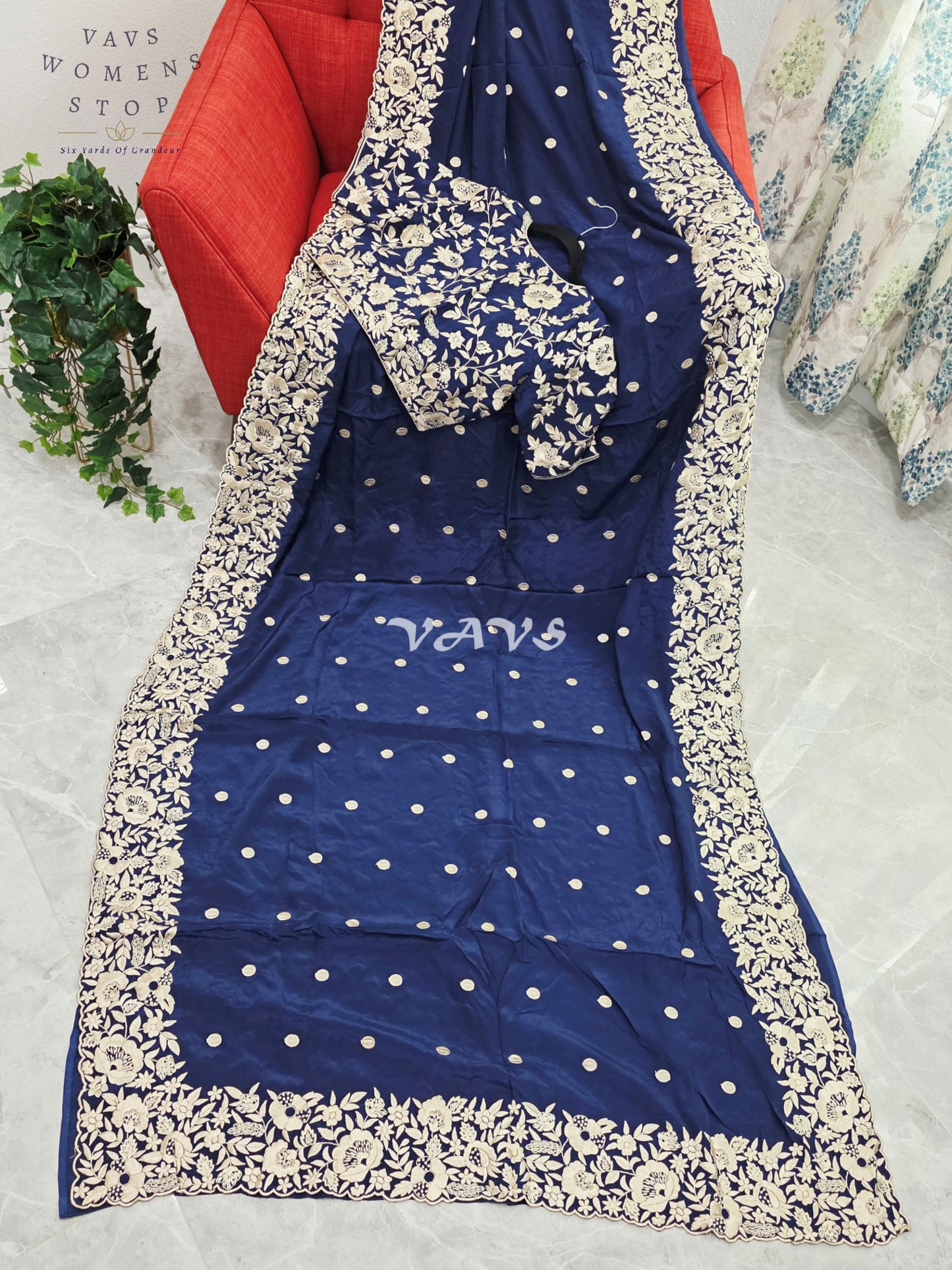 Royal Midnight Navy Pure Crepe Parsi Gara Machine Embroidery Saree with Heavy Designer Stitched Blouse Size 36-42