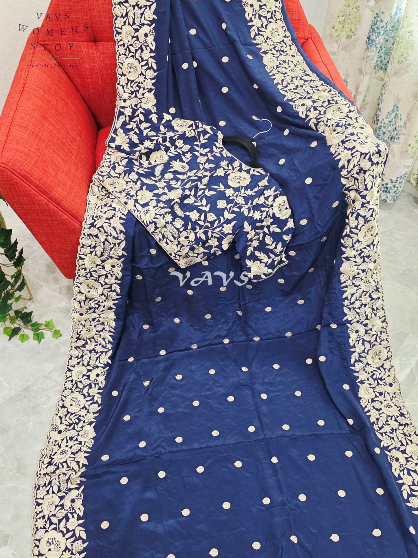 Royal Midnight Navy Pure Crepe Parsi Gara Machine Embroidery Saree with Heavy Designer Stitched Blouse Size 36-42