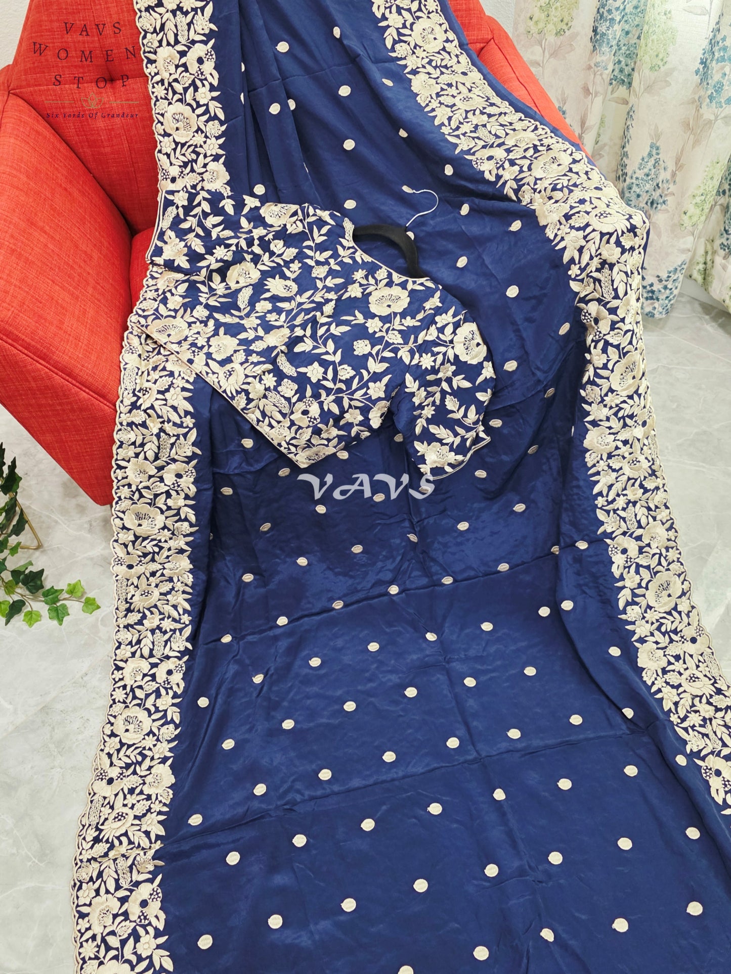 Royal Midnight Navy Pure Crepe Parsi Gara Machine Embroidery Saree with Heavy Designer Stitched Blouse Size 36-42