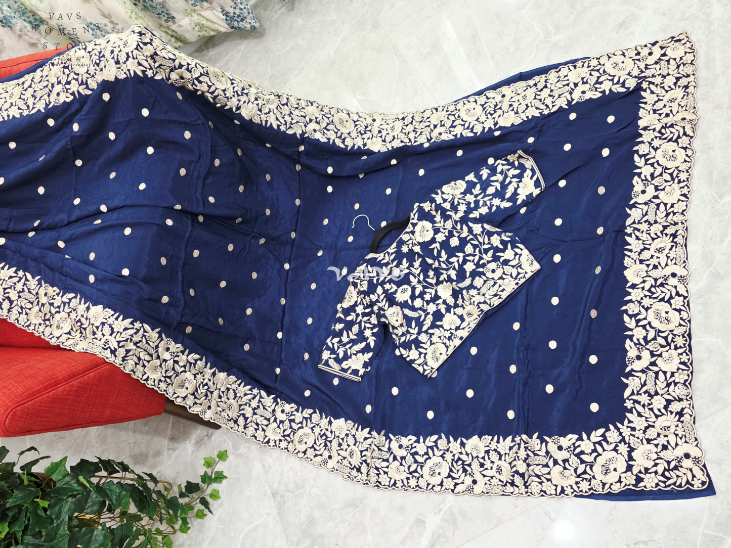 Royal Midnight Navy Pure Crepe Parsi Gara Machine Embroidery Saree with Heavy Designer Stitched Blouse Size 36-42