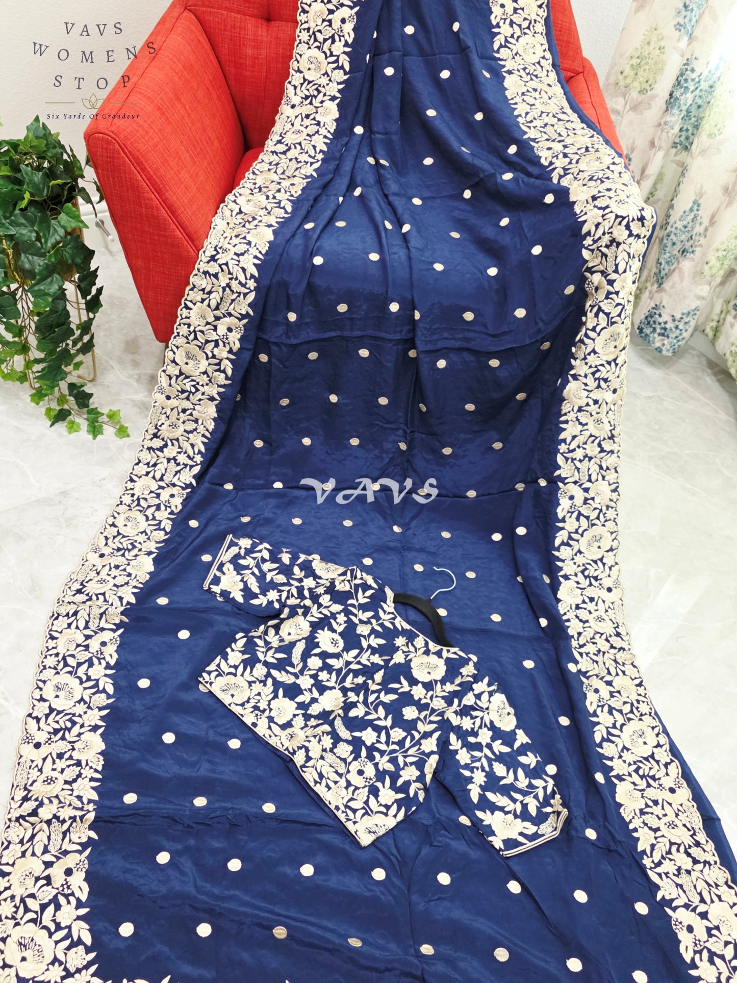 Royal Midnight Navy Pure Crepe Parsi Gara Machine Embroidery Saree with Heavy Designer Stitched Blouse Size 36-42