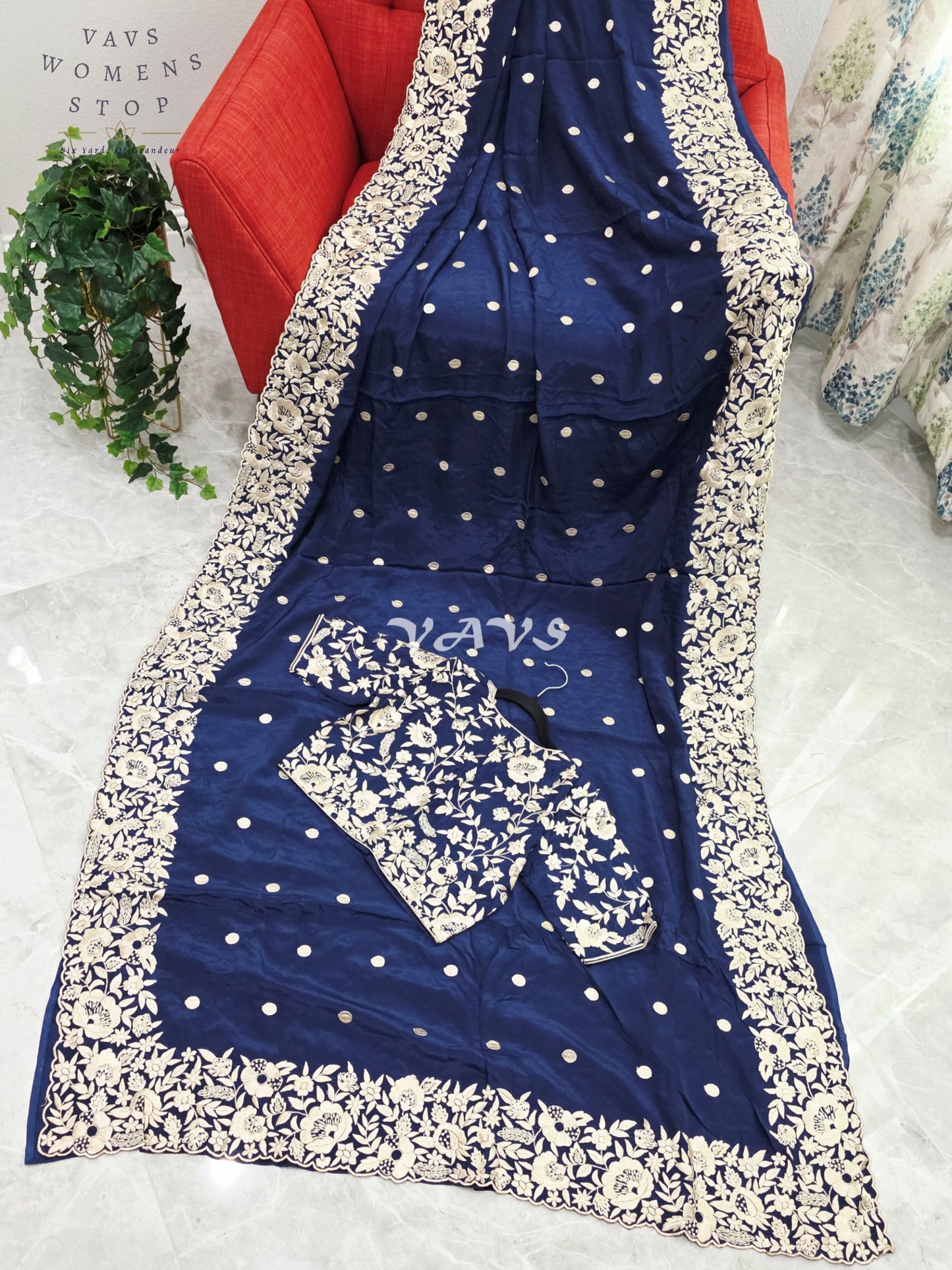 Royal Midnight Navy Pure Crepe Parsi Gara Machine Embroidery Saree with Heavy Designer Stitched Blouse Size 36-42