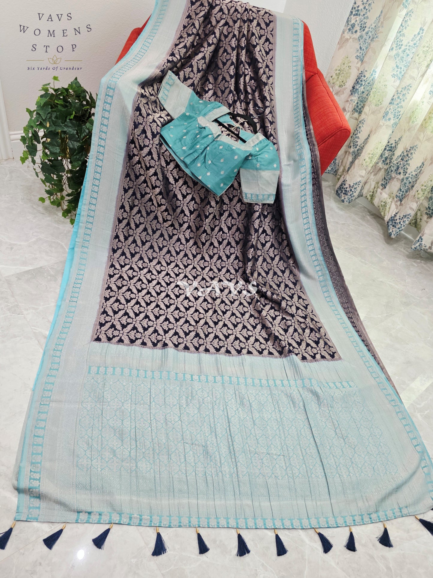 Royal Midnight Navy & Ice Aqua Semi Tussar Georgette Meenakari Saree with Stitched Blouse Size 34-40